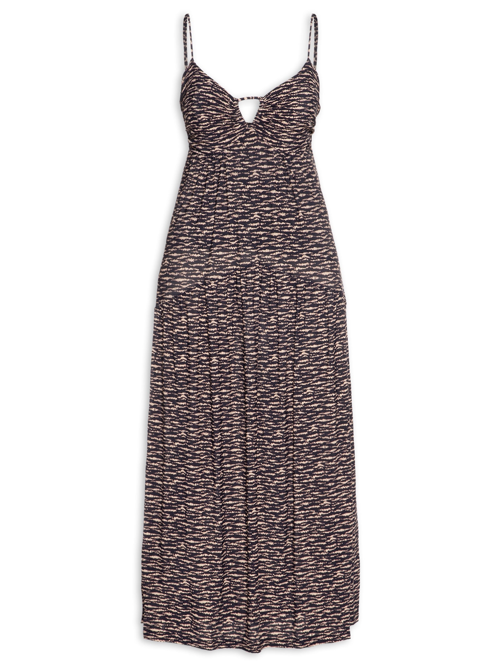 Vestido Longo Alcinhas Estampa Trace Preto Maria Filó