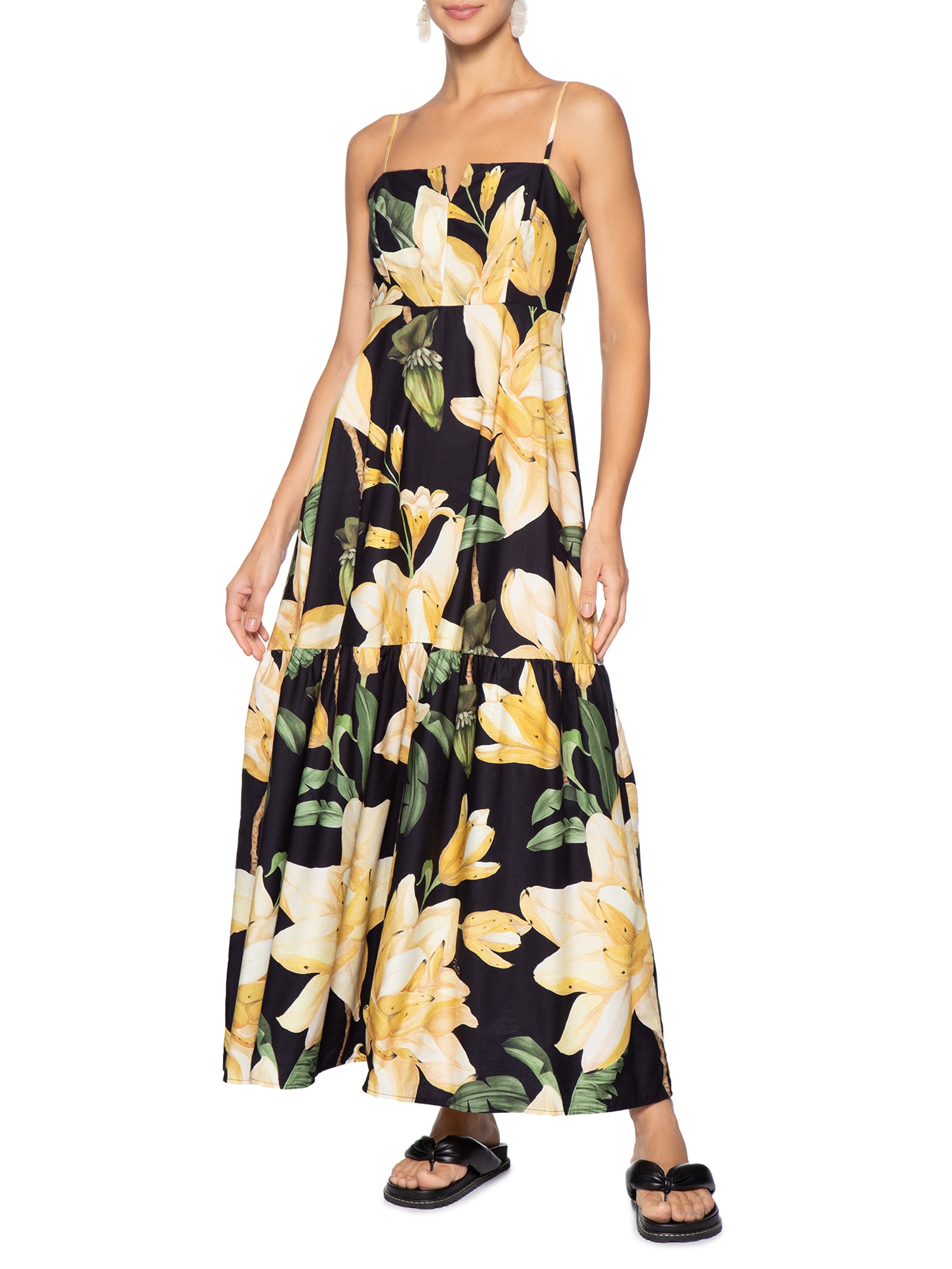 Vestido Longo Alcinhas Flor Nana Preto Farm