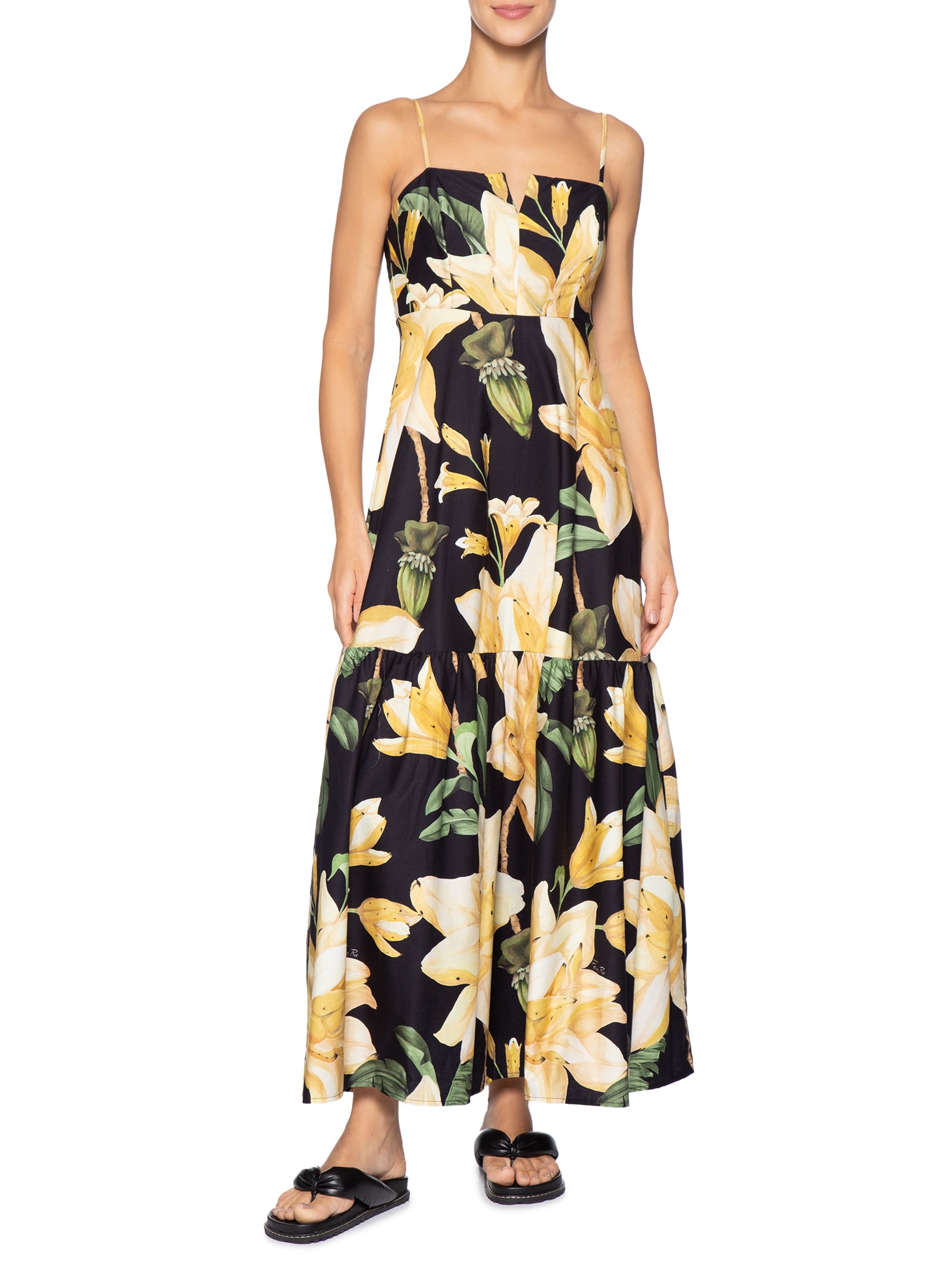 Vestido Longo Alcinhas Flor Nana Preto Farm