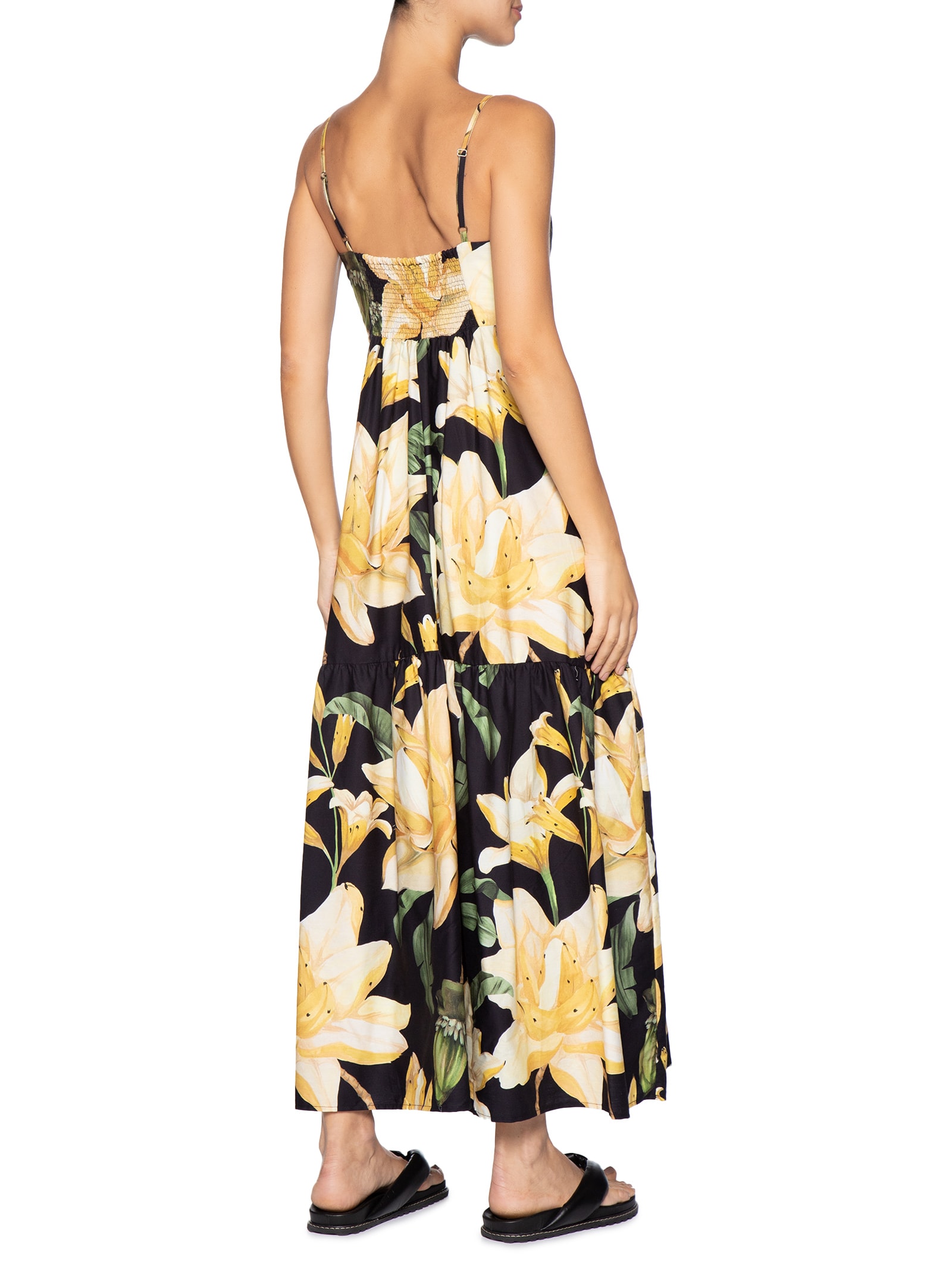 Vestido Longo Alcinhas Flor Nana Preto Farm