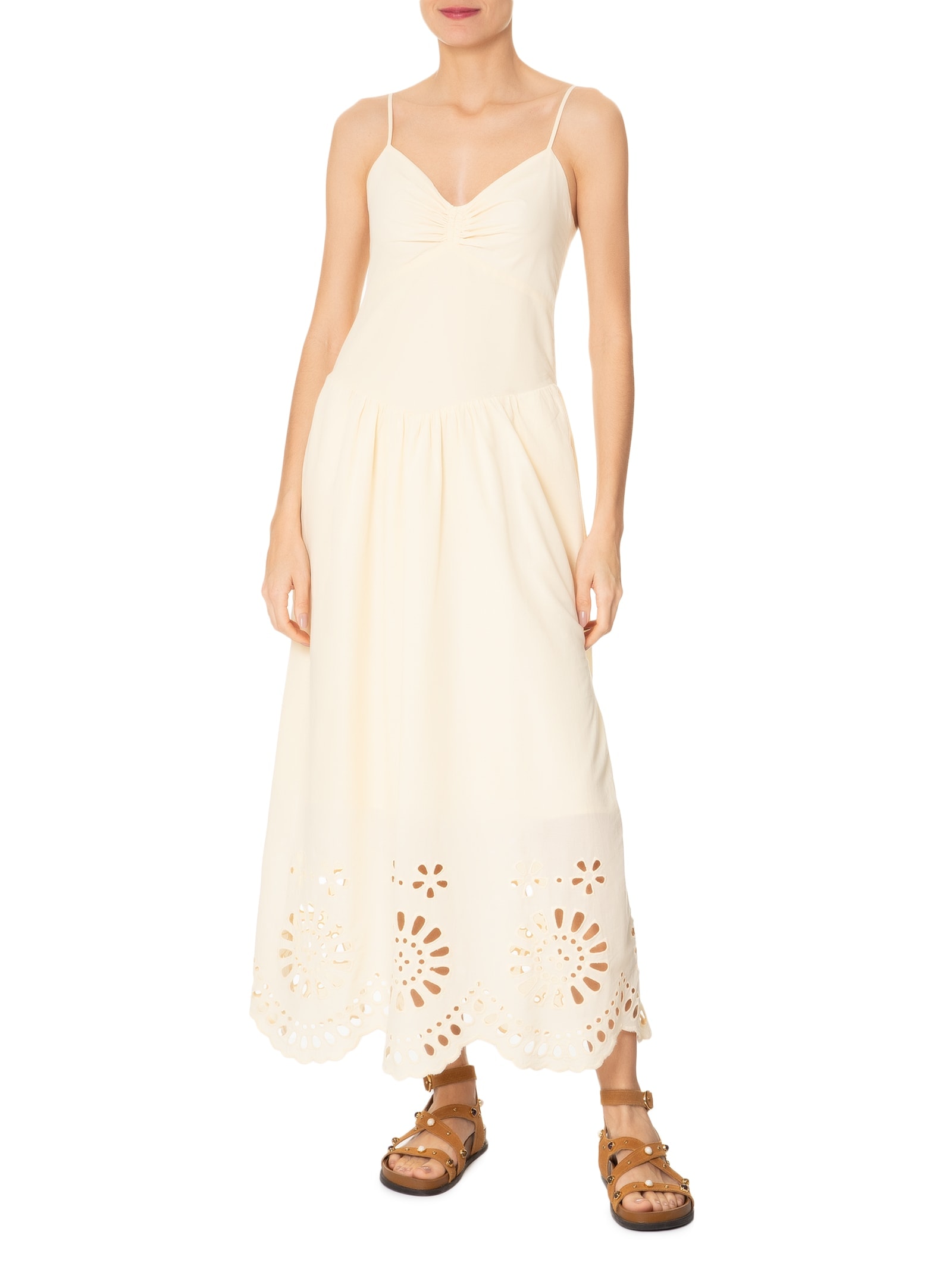 Vestido Longo Algodão Bordado Barrado Amarelo Dress To