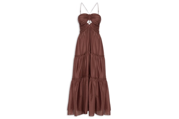 Vestido Longo Algodão Franzido - Marrom
