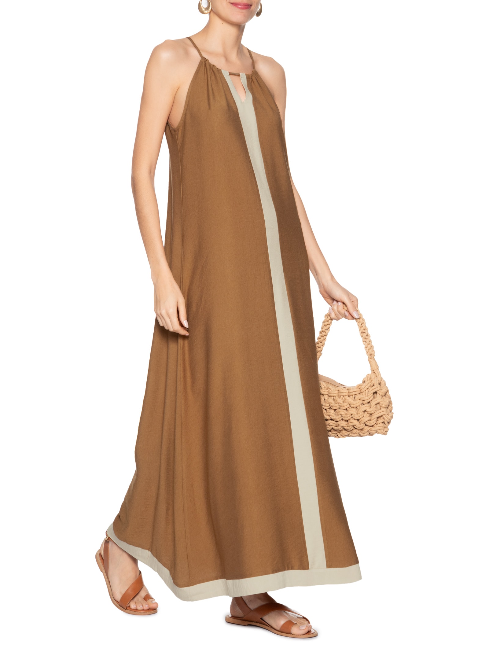 Vestido Longo Amplo Bicolor Marrom Basiq