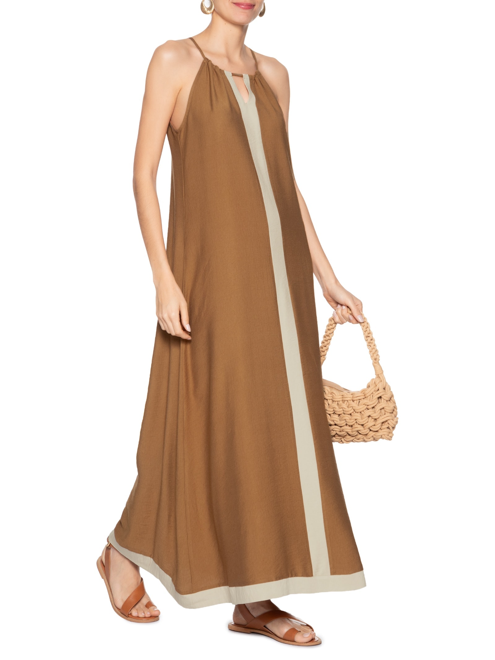 Vestido Longo Amplo Bicolor Marrom Basiq
