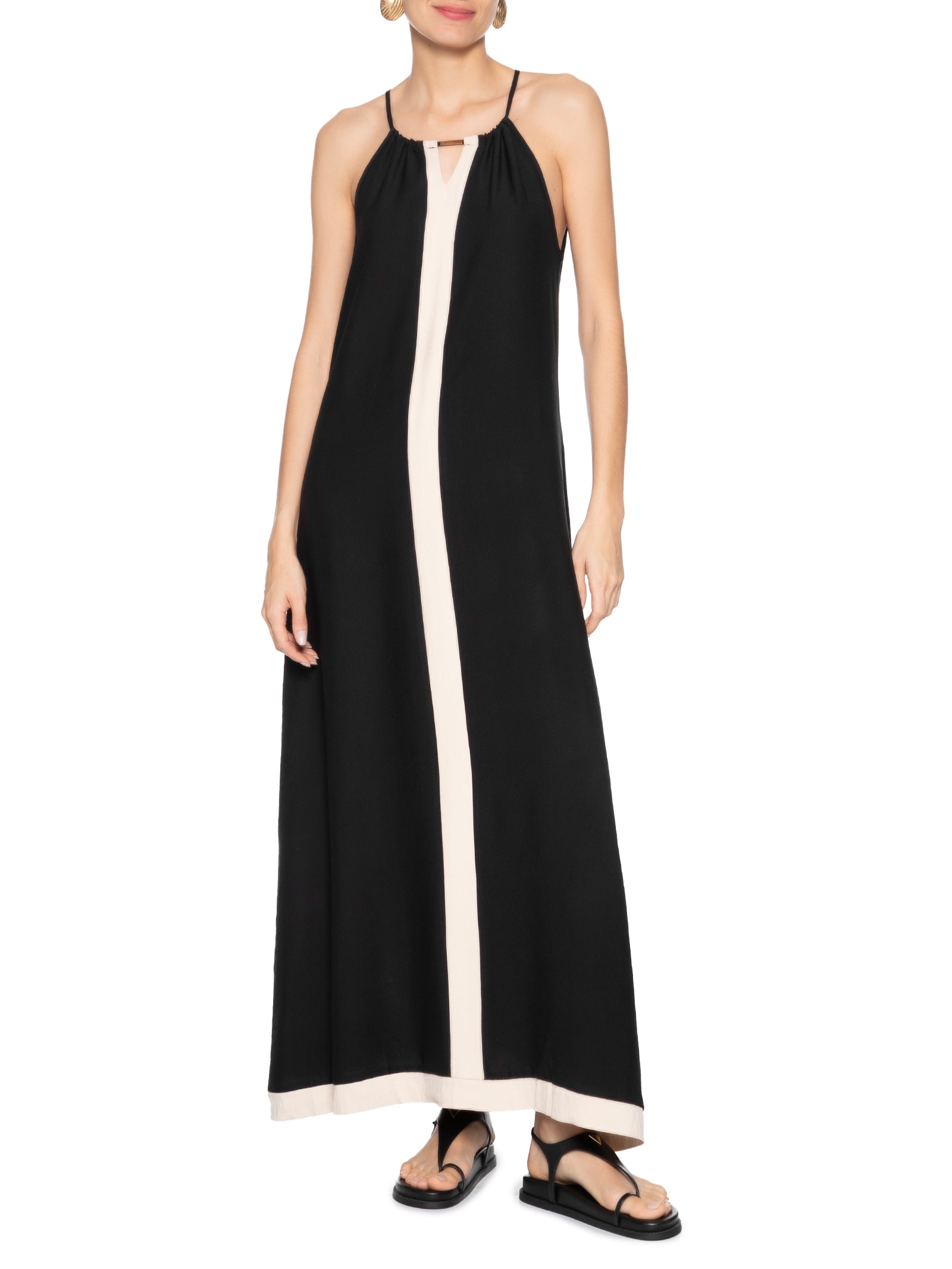 Vestido Longo Amplo Bicolor Preto Basiq