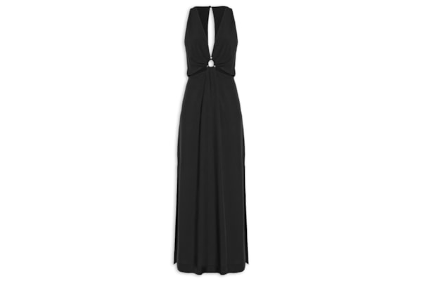 Vestido Longo Argola Decote Frente - Preto