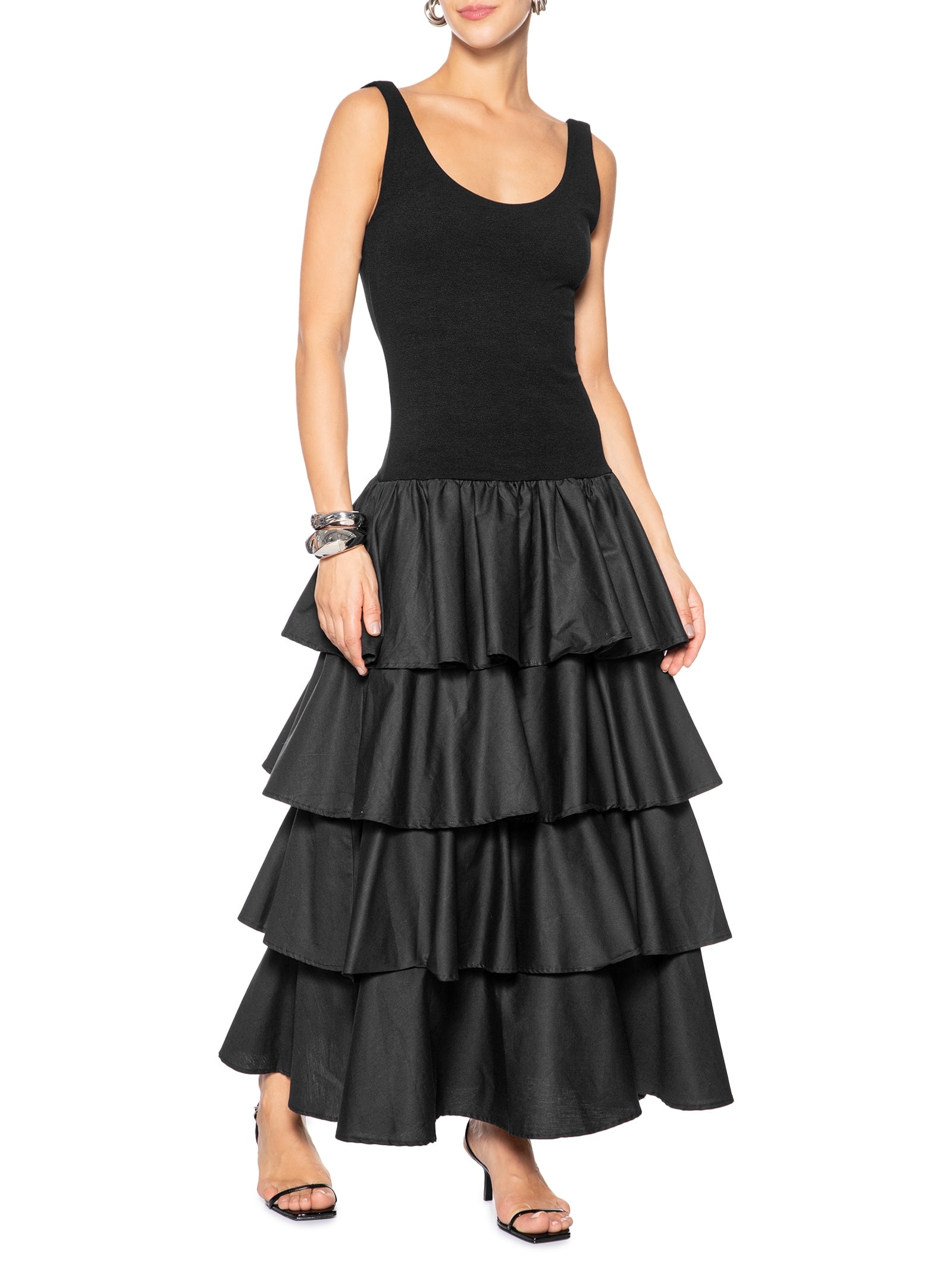 Vestido Longo Babados Preto Farm