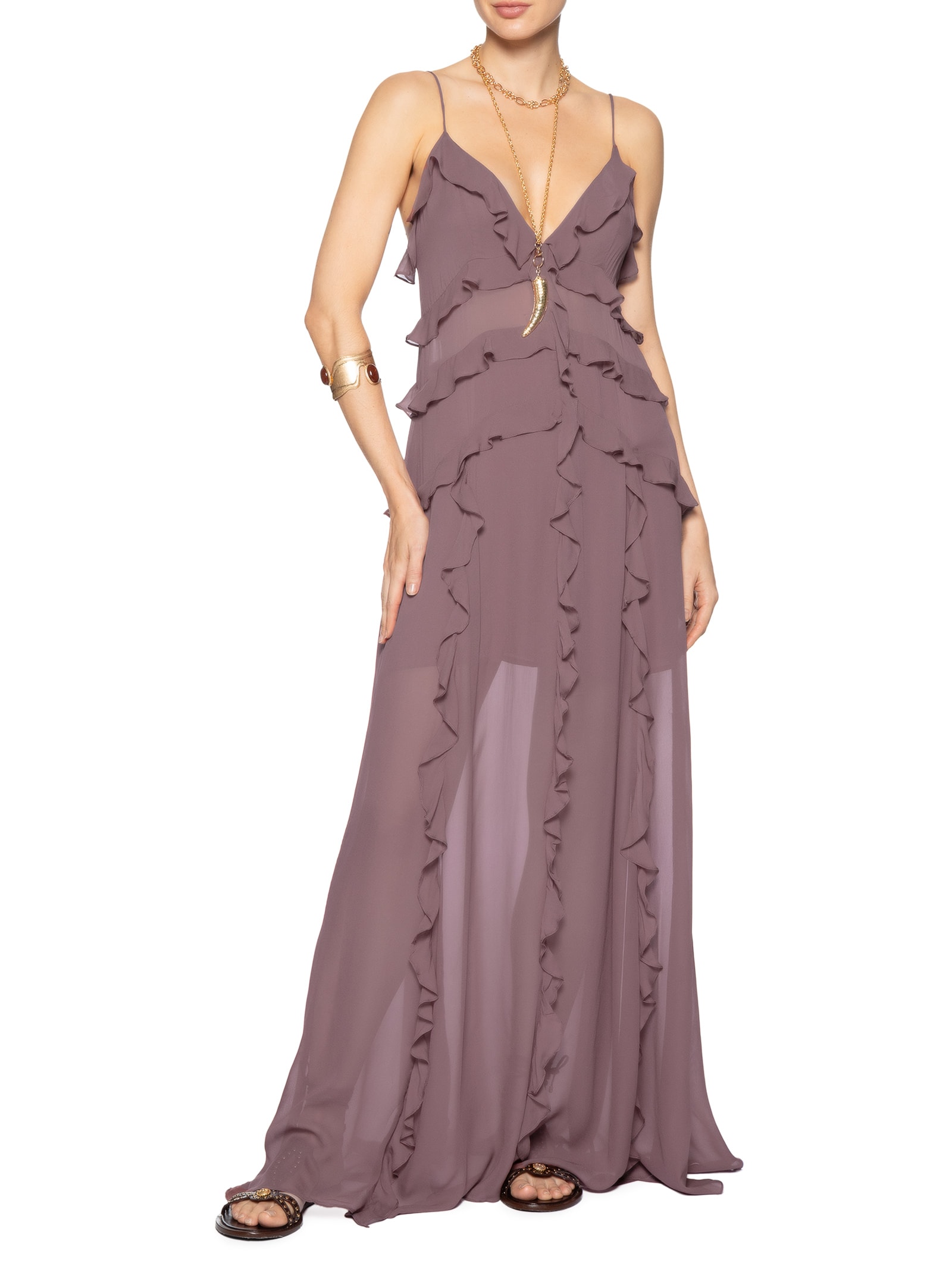 Vestido Longo Babados Taupe Rosa Animale