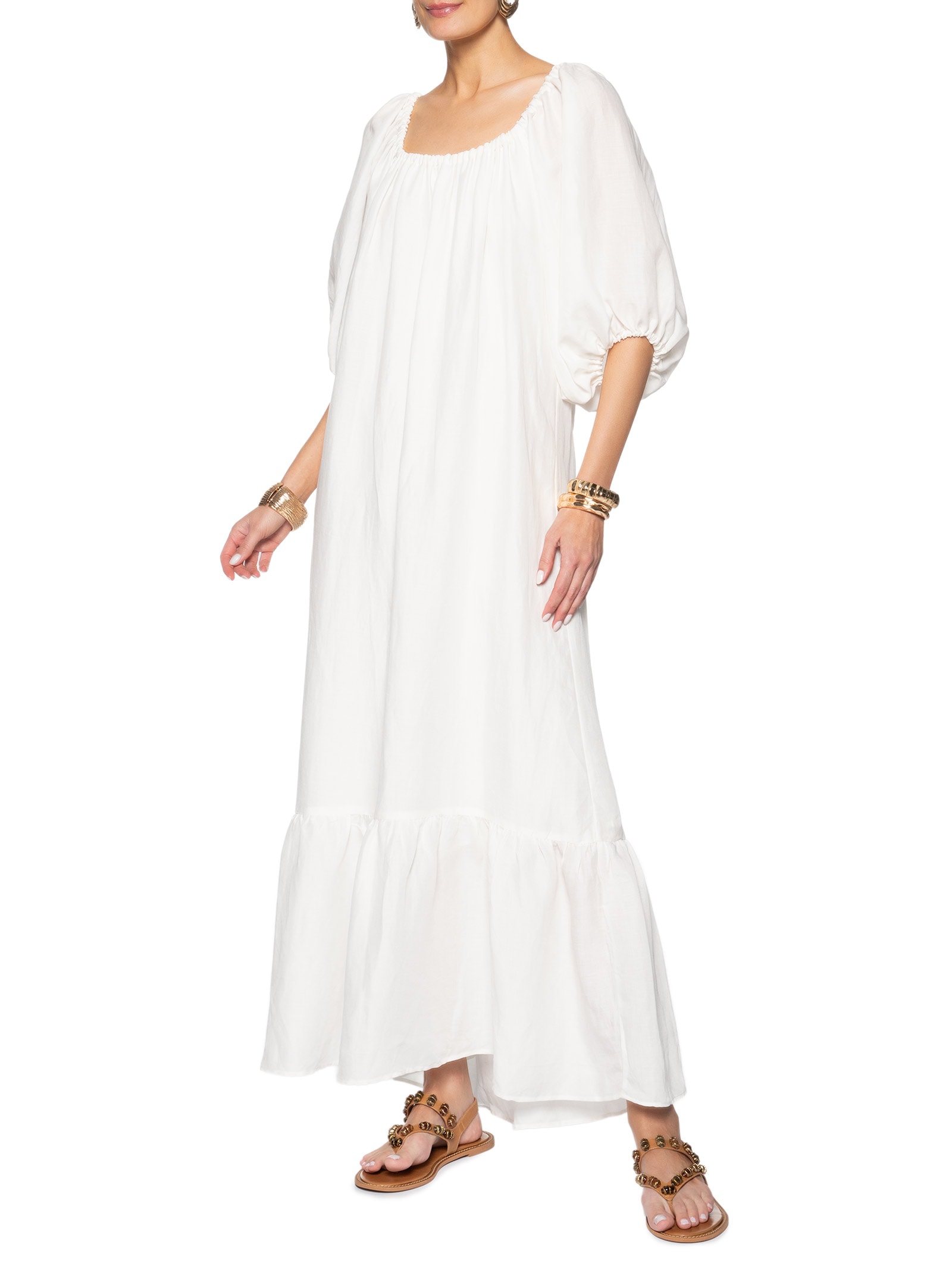 Vestido Longo Barra Babado Off White Maria Filó