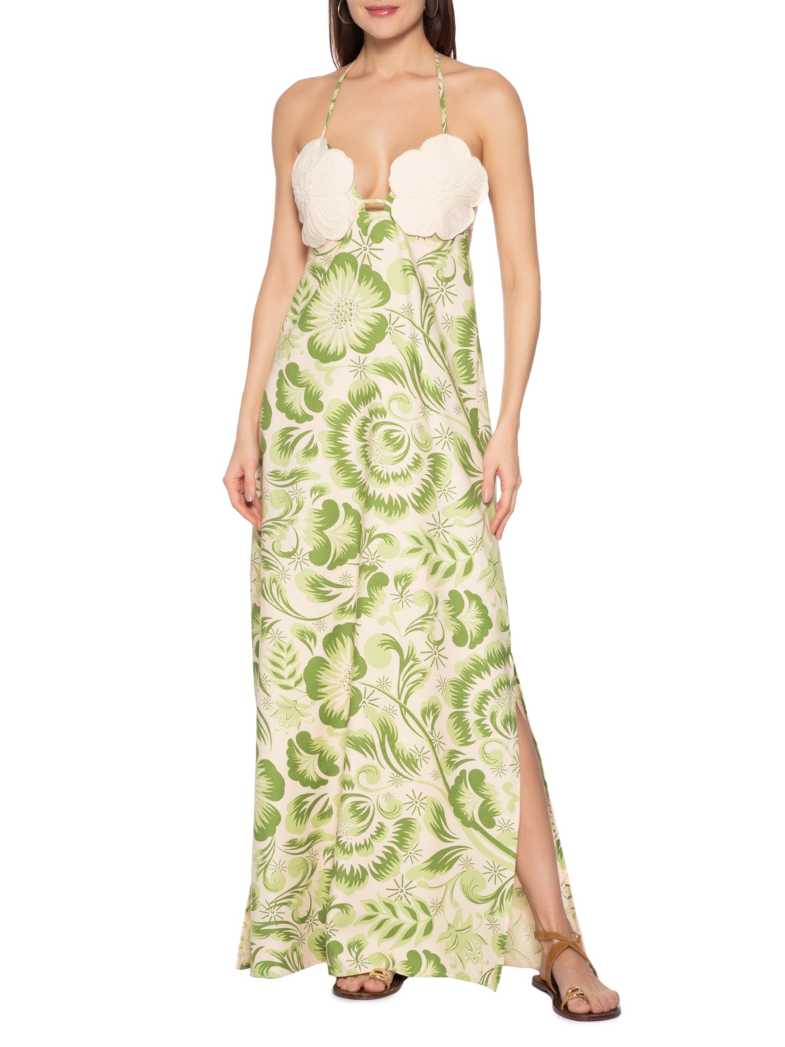 Vestido Longo Bojo Flor Corda Verde Cacay