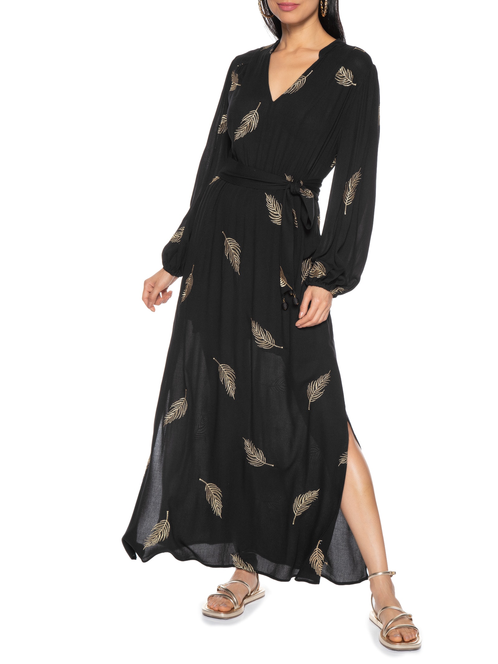 Vestido Longo Bordado Folha Bangkok Maria Filó Preto