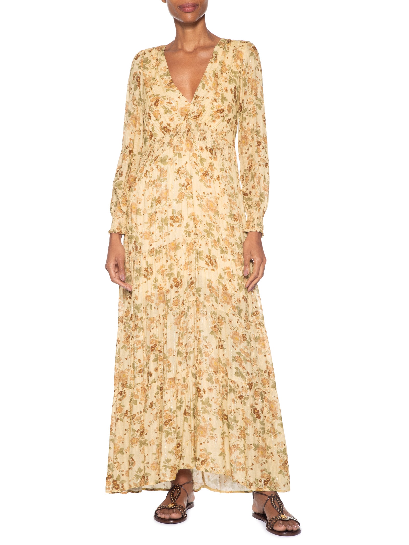 Vestido Longo Camadas Estampa Blush Bege Maria Filó