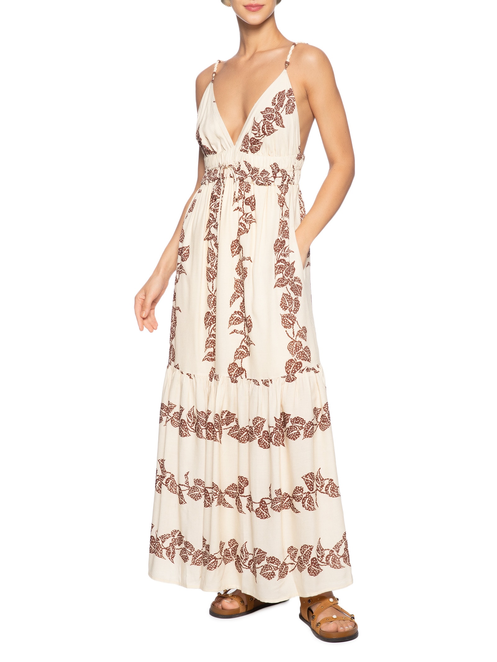 Vestido Longo Cambraia Estampa Inspira Marrom Dress To