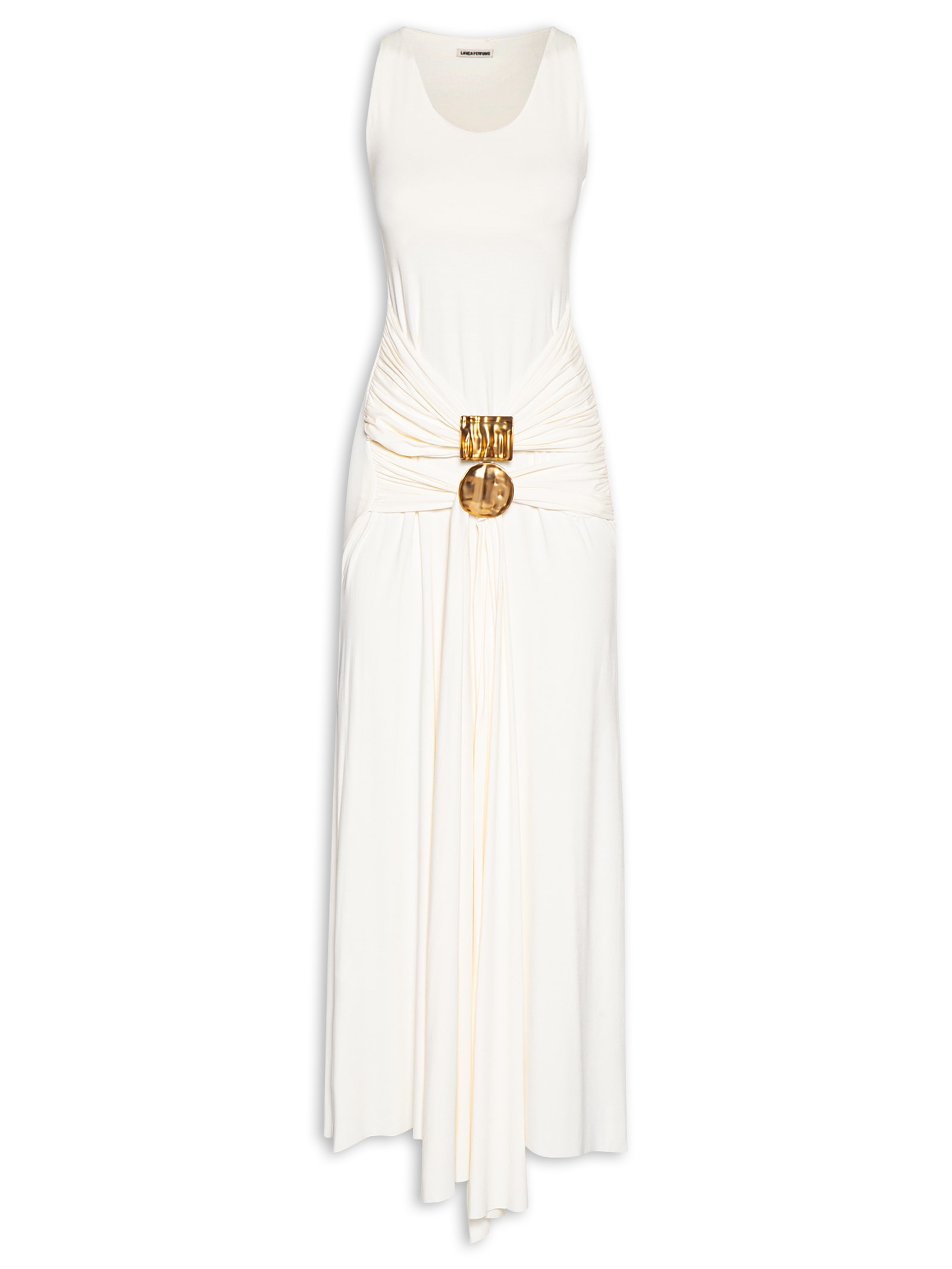 Vestido Longo Com Aviamentos Na Frente Branco Lança Perfume
