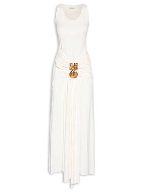 Vestido Longo Com Aviamentos Na Frente - Branco
