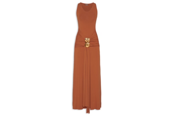 Vestido Longo Com Aviamentos Na Frente - Marrom