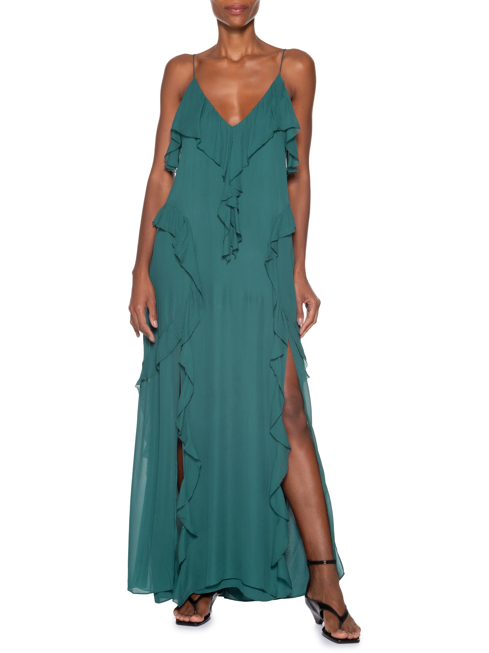 Vestido Longo Com Babados Verde Animale