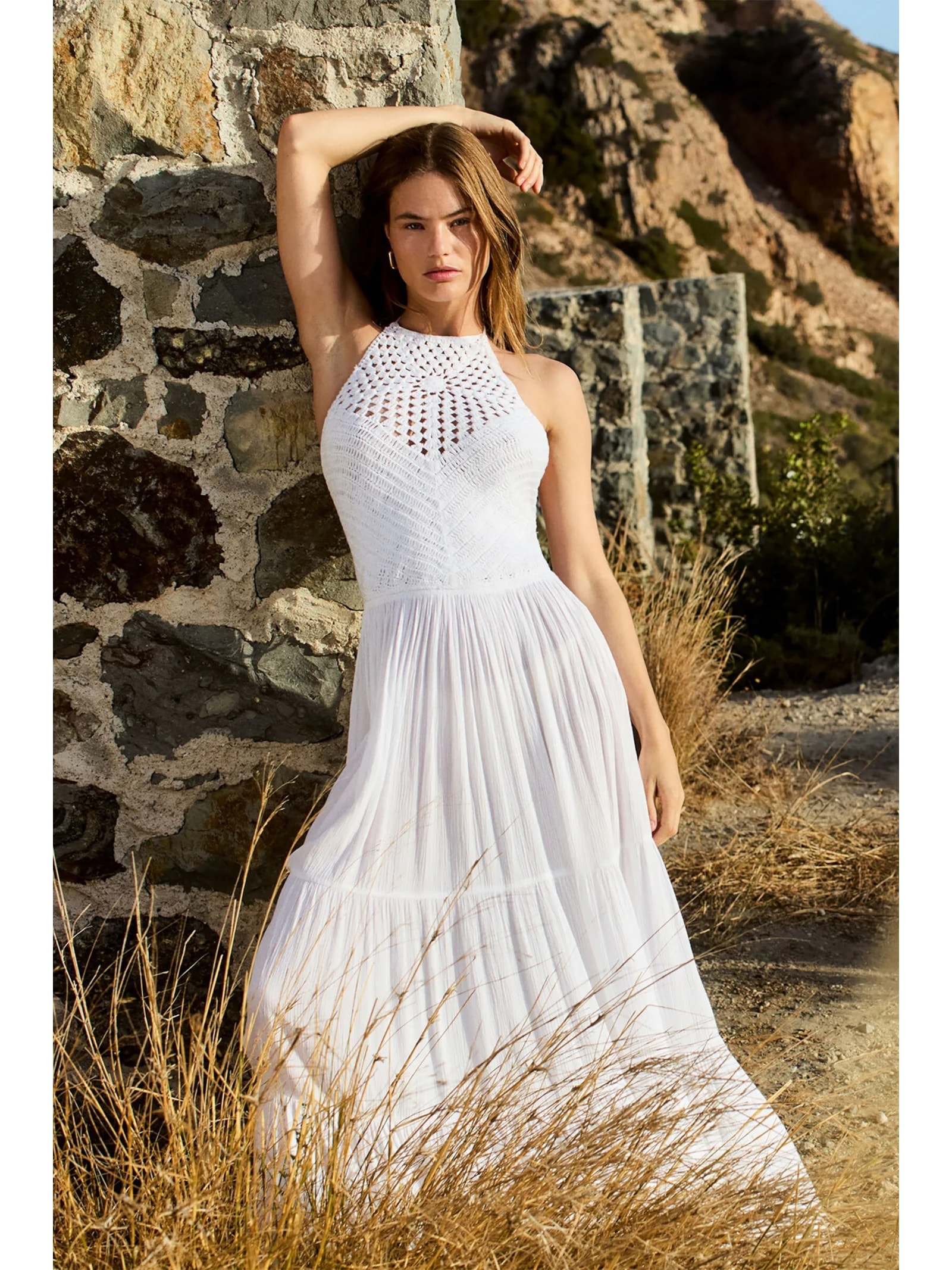 Vestido Longo Com Crochê Branco Calzedonia