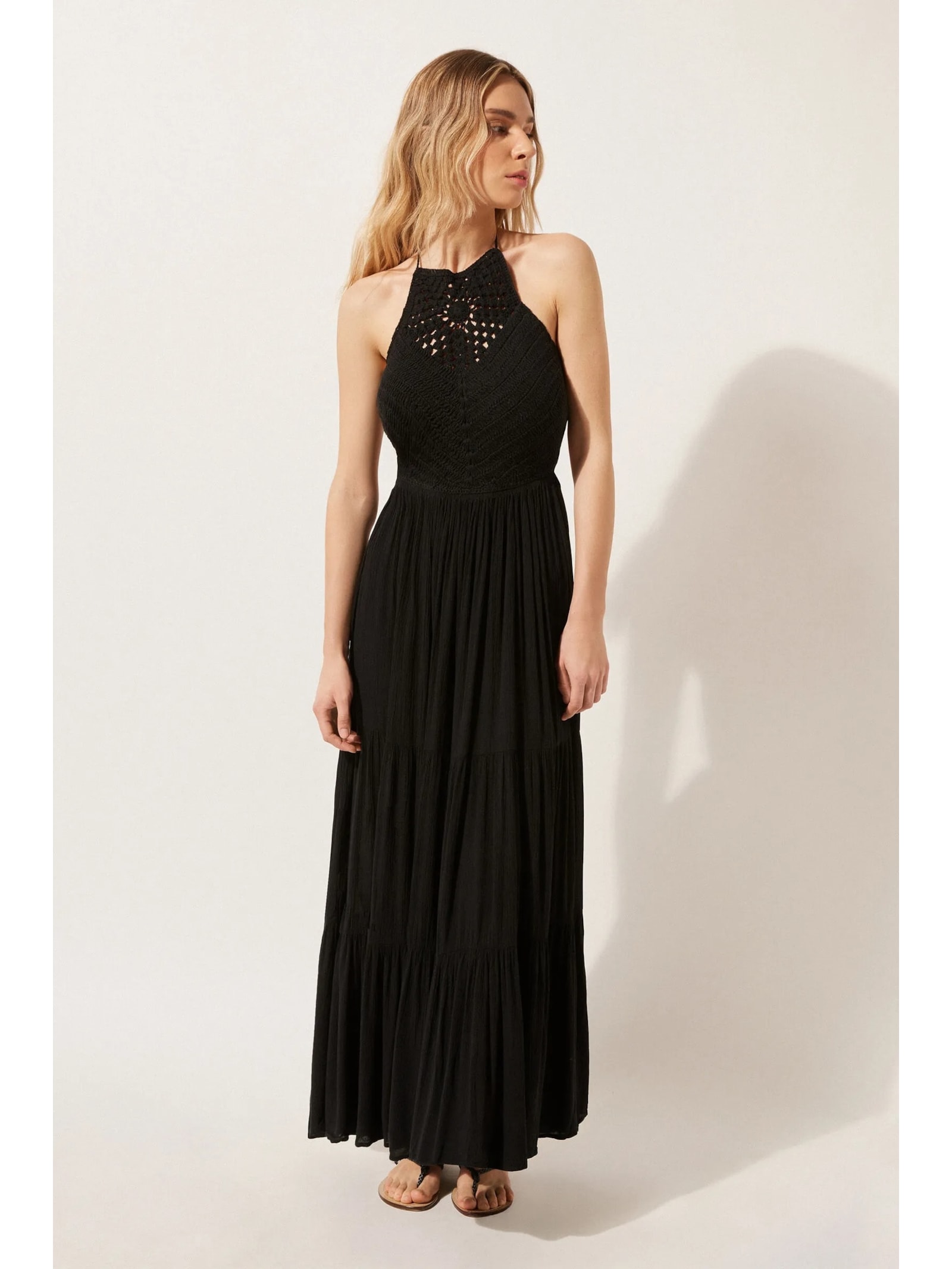 Vestido Longo Com Crochê Preto Calzedonia