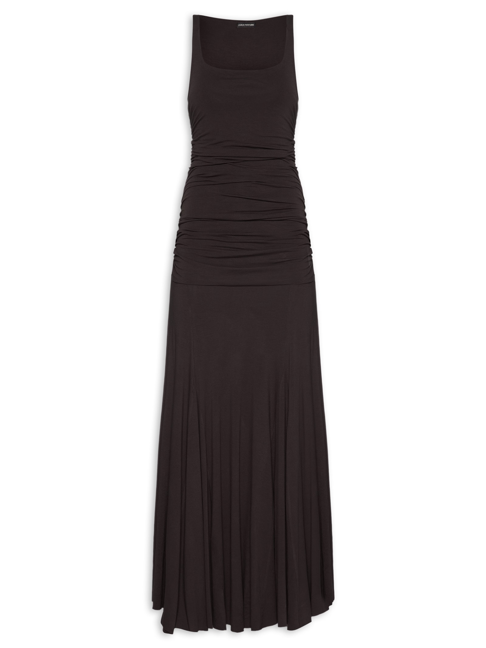 Vestido Longo com Drapeado Marrom Lança Perfume