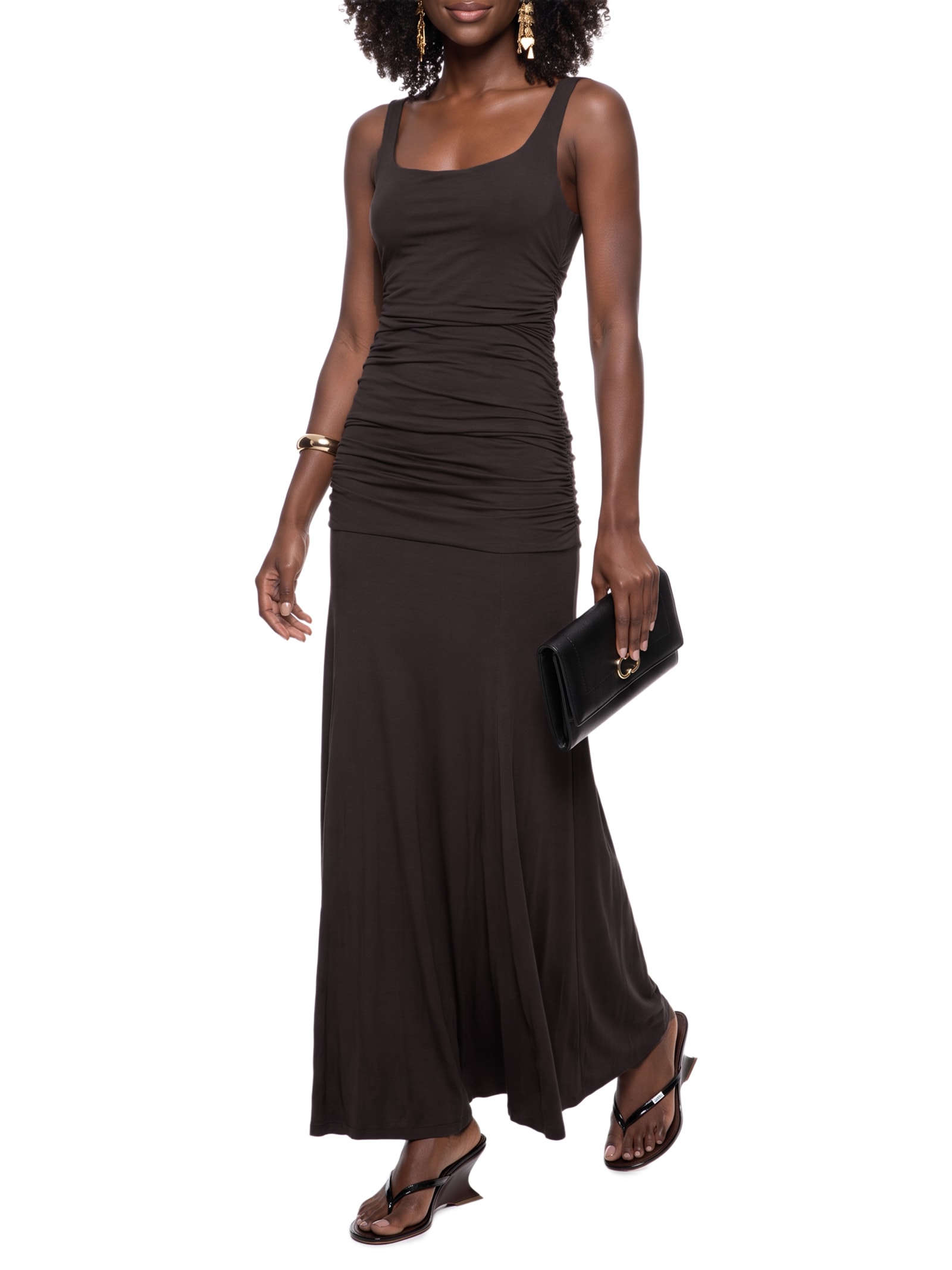 Vestido Longo com Drapeado Marrom Lança Perfume