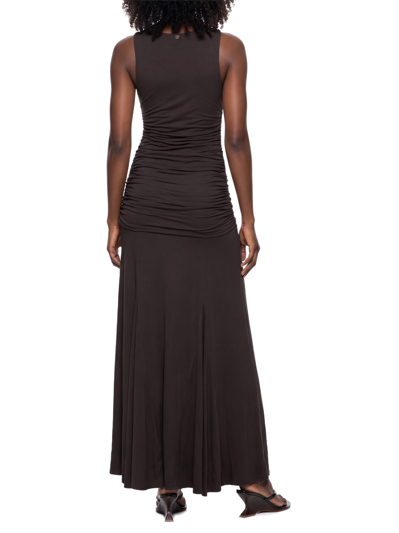 Vestido Longo com Drapeado Marrom Lança Perfume