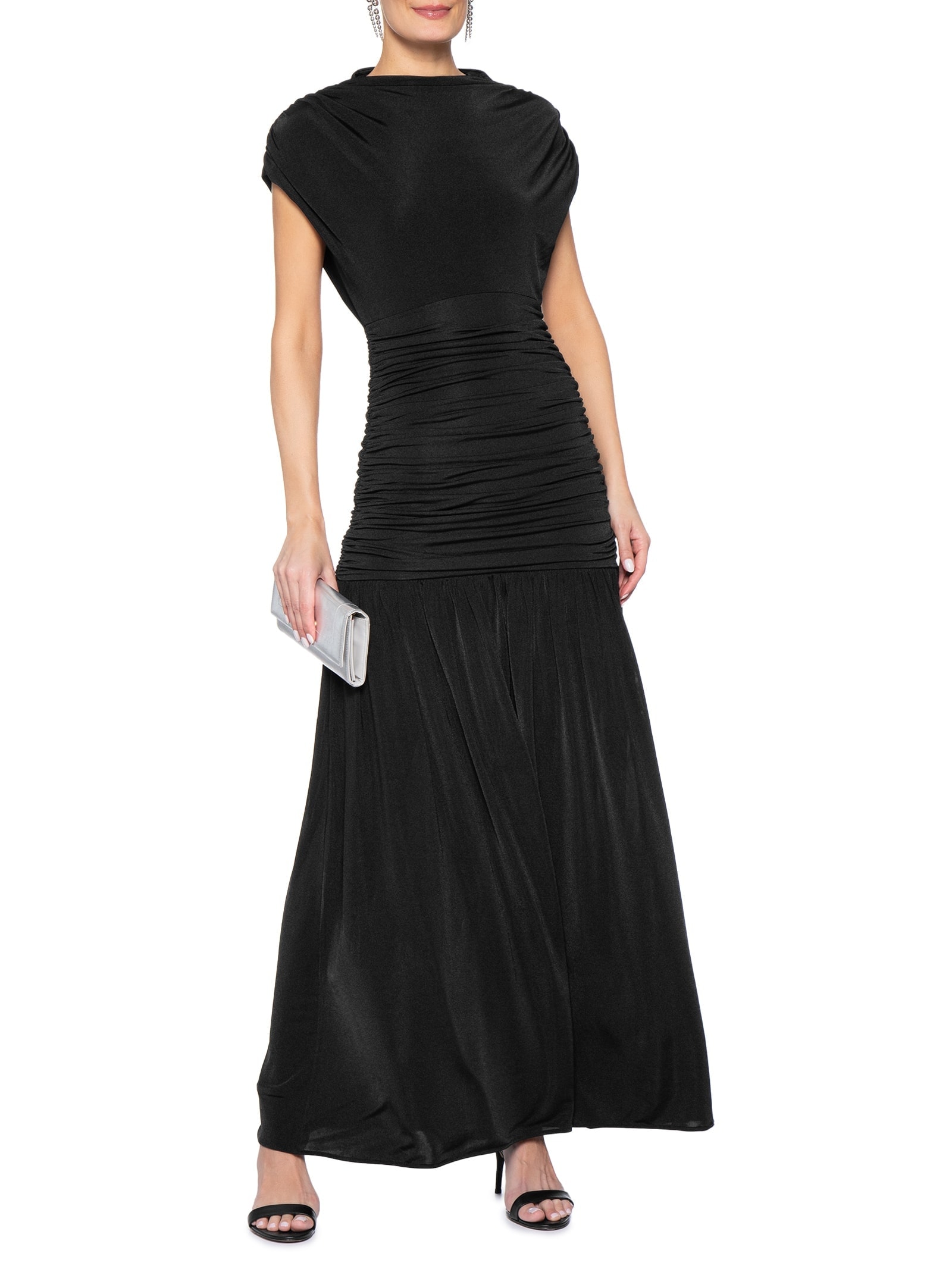 Vestido Longo Com Drapeados Em Malha Jersey Preto '2Essential