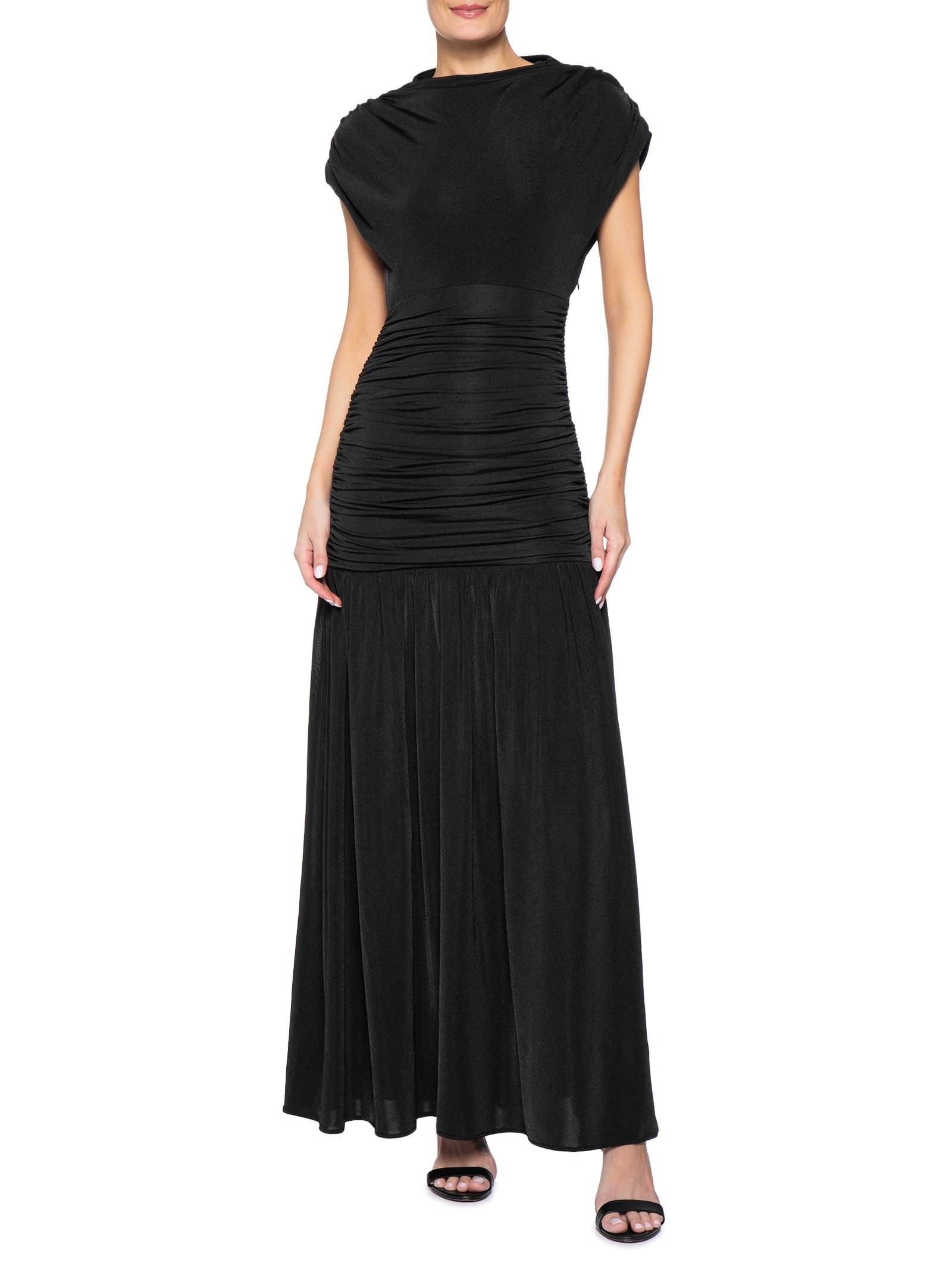Vestido Longo Com Drapeados Em Malha Jersey Preto '2Essential