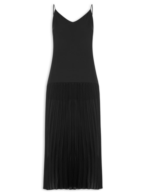 Vestido Longo Com Saia Plissada - Preto