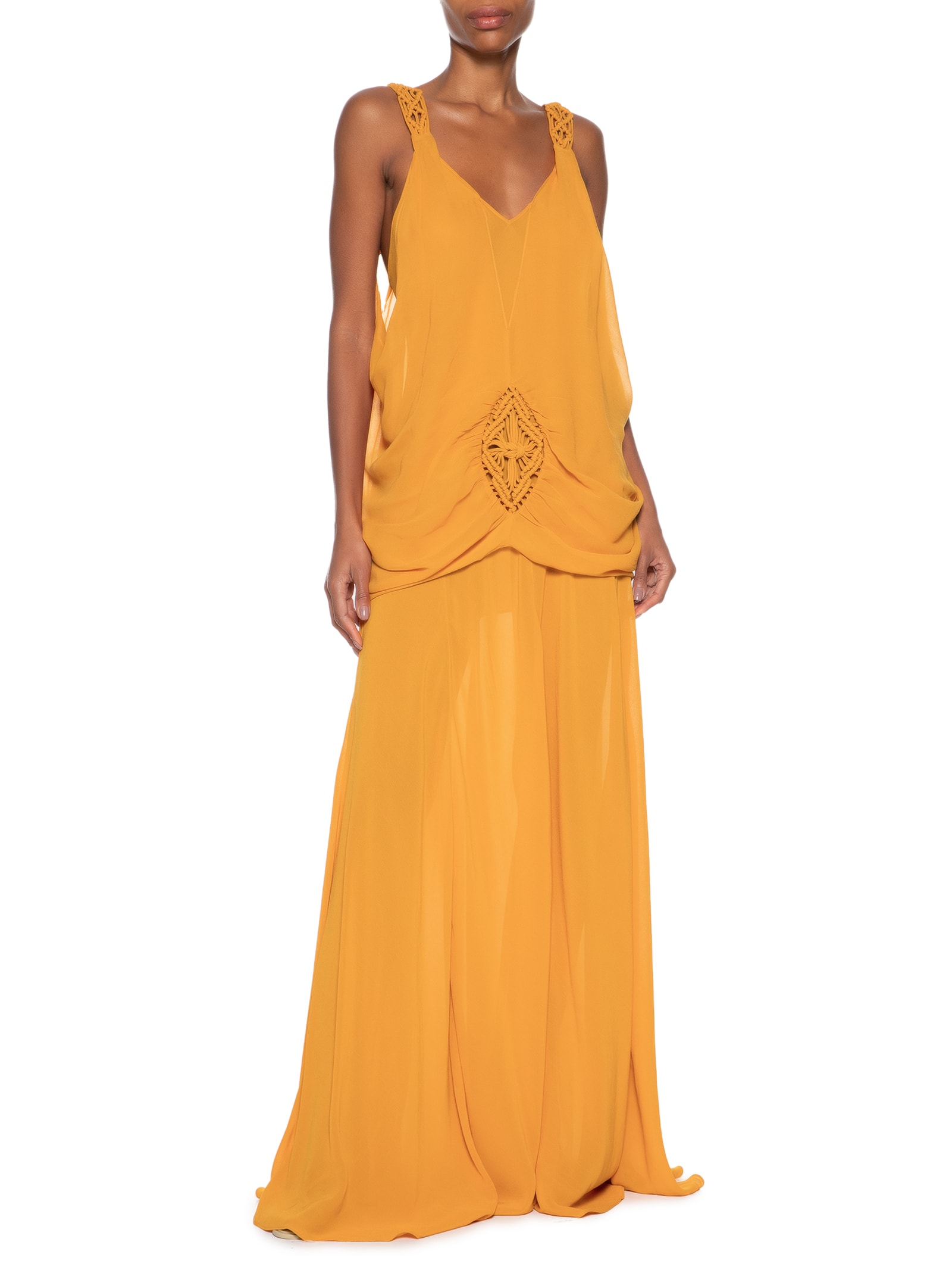 Vestido Longo Com Sobreposição E Macramê Laranja Animale