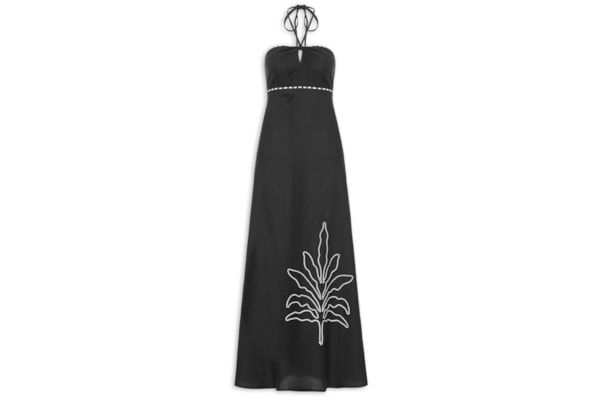 Vestido Longo Com Vivo e Bordado - Preto