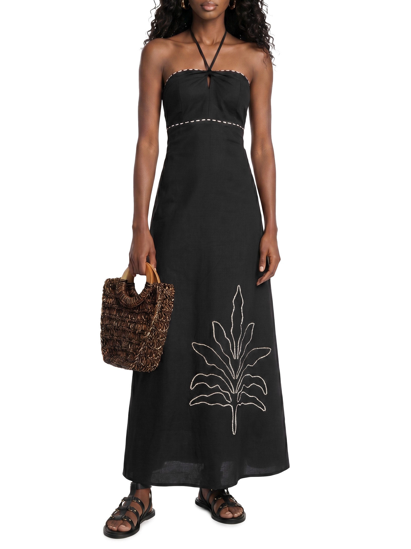 Vestido Longo Com Vivo e Bordado Preto Cacay