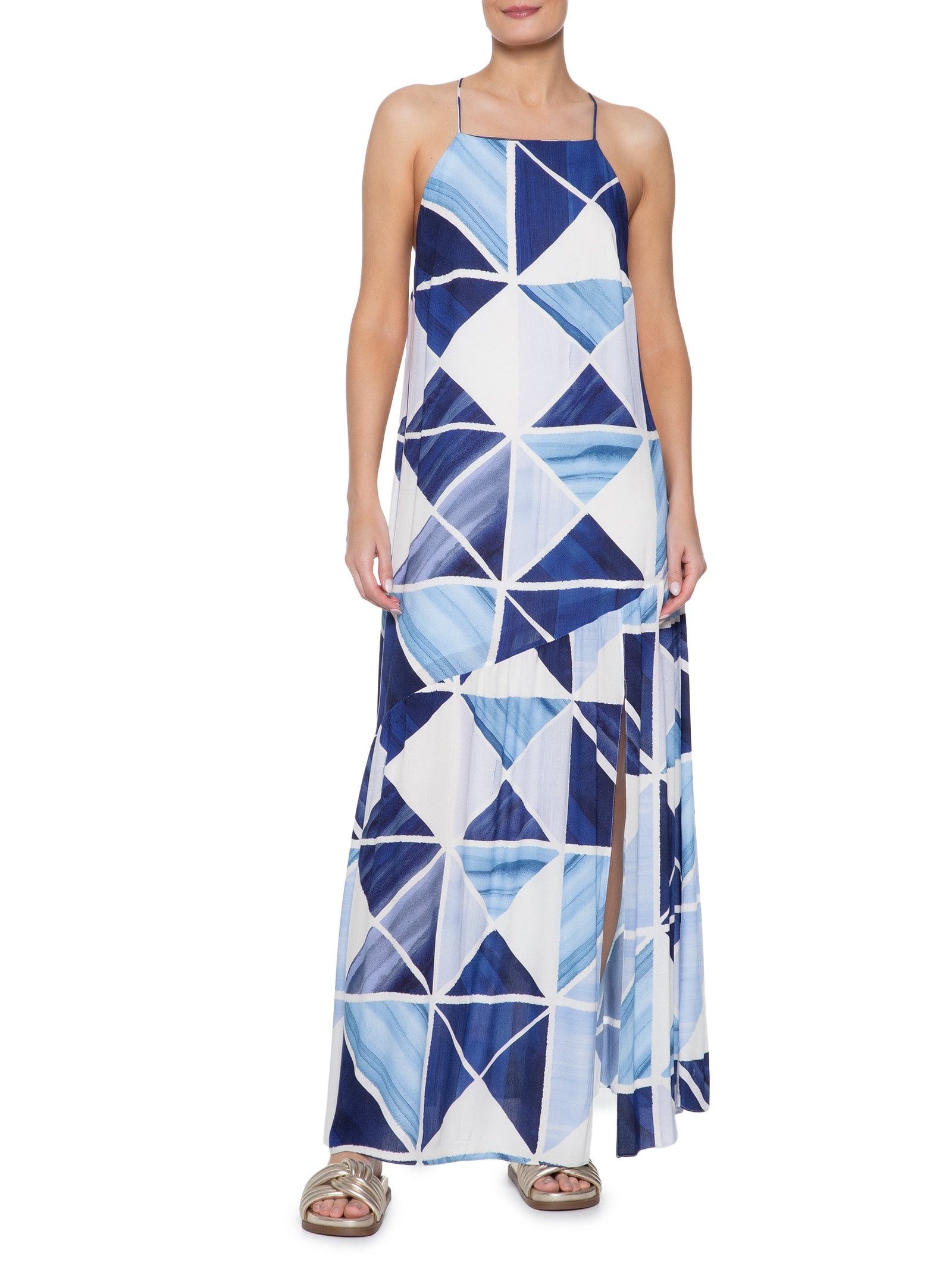 Vestido Longo Crepe Estampa Mosaico Azul Dress To