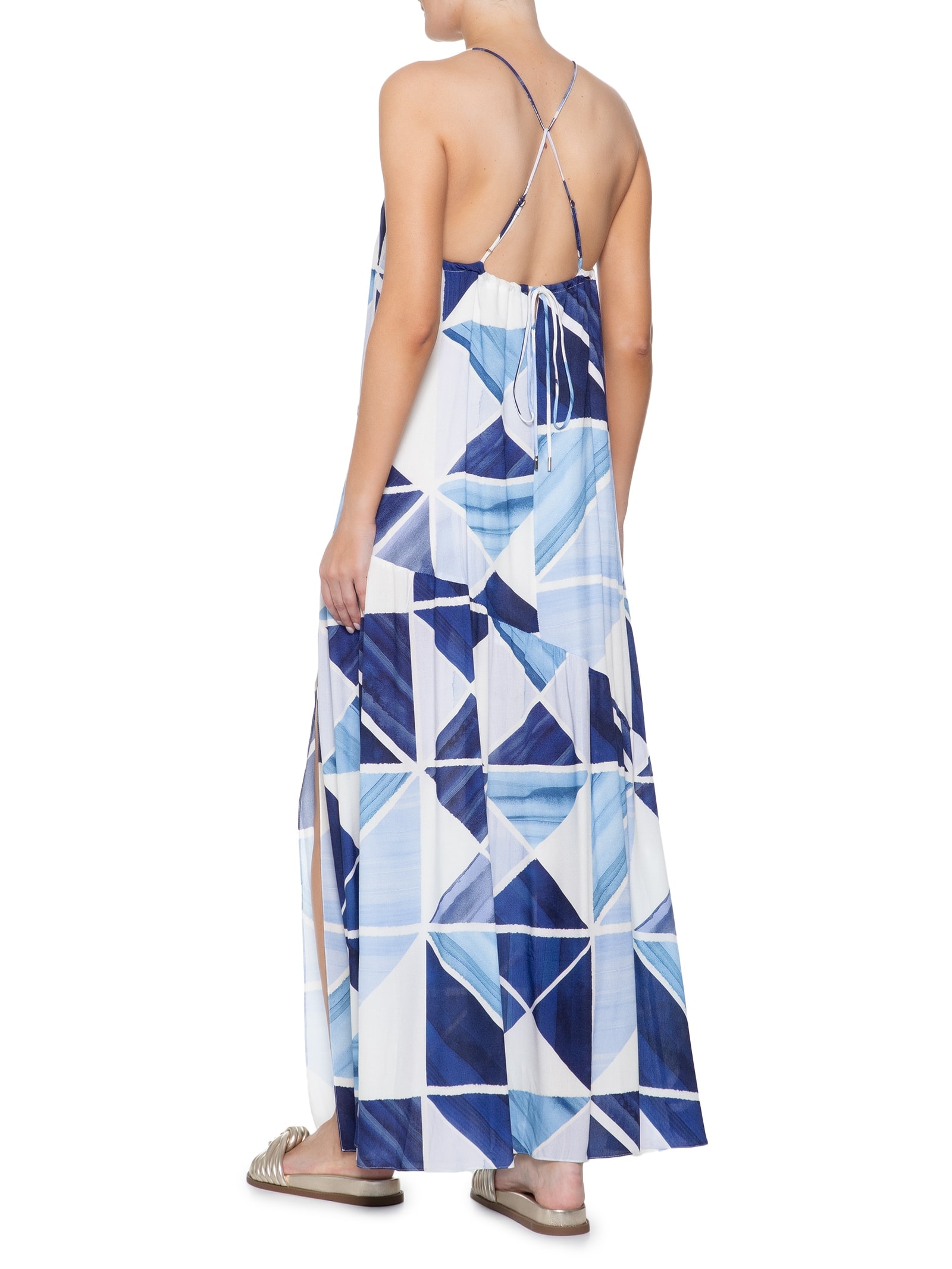 Vestido Longo Crepe Estampa Mosaico Azul Dress To