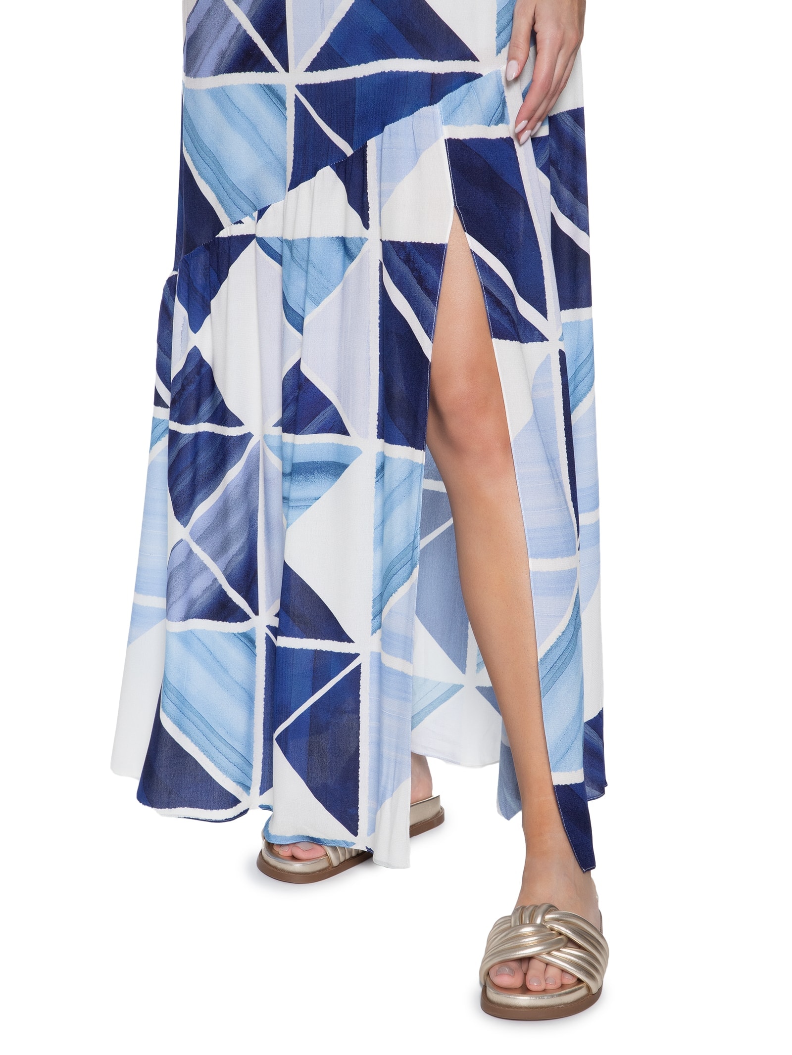 Vestido Longo Crepe Estampa Mosaico Azul Dress To