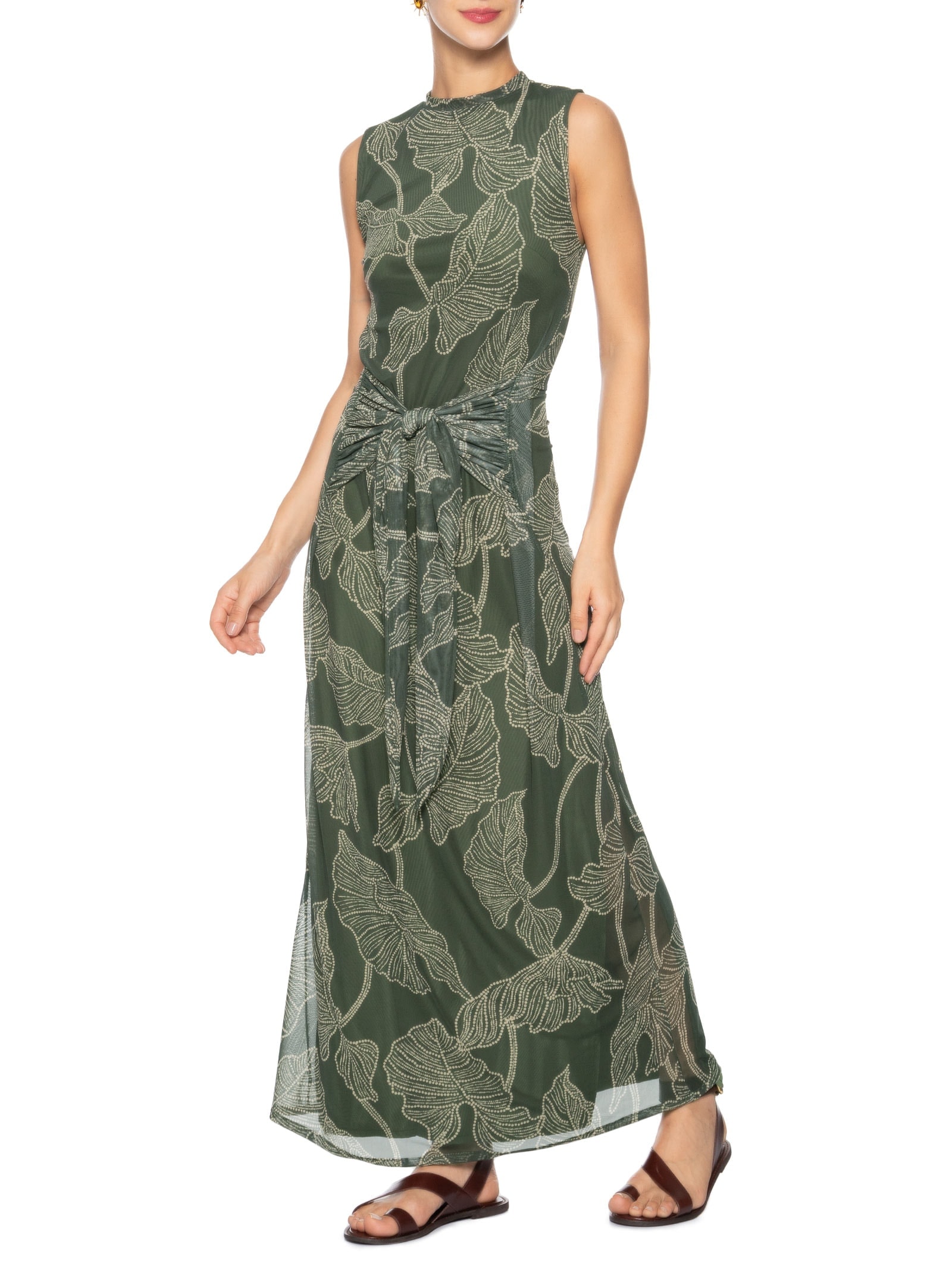 Vestido Longo Cropped Tule Estampa Ramos Verde Dress To