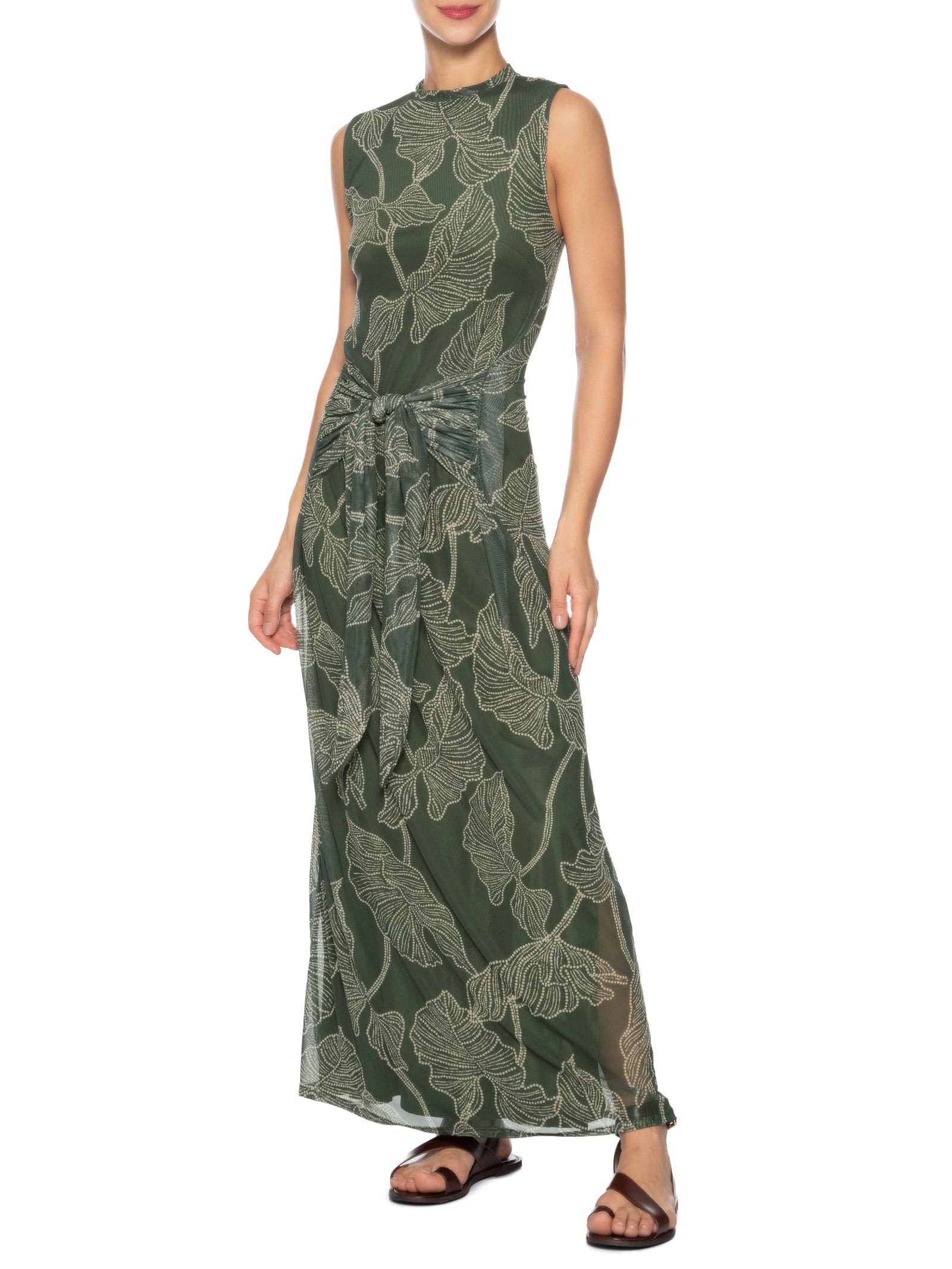 Vestido Longo Cropped Tule Estampa Ramos Verde Dress To
