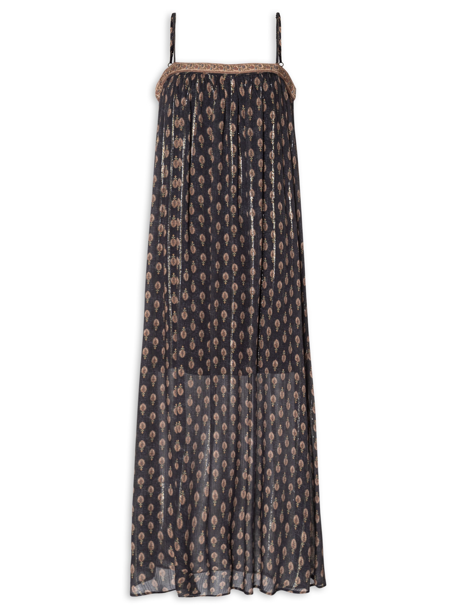 Vestido Longo de Alça Estampa Jasmim Preto Maria Filó