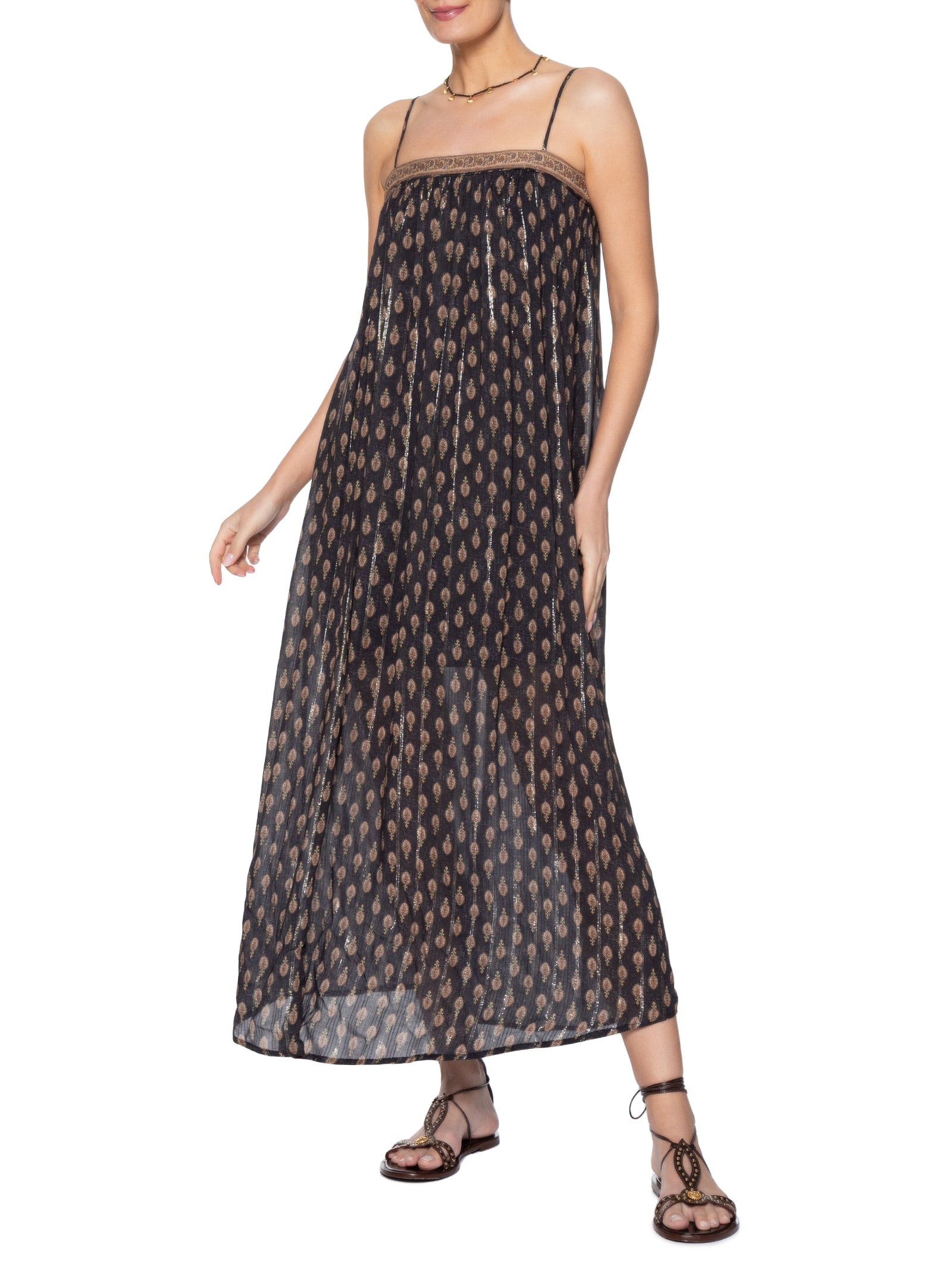 Vestido Longo de Alça Estampa Jasmim Preto Maria Filó