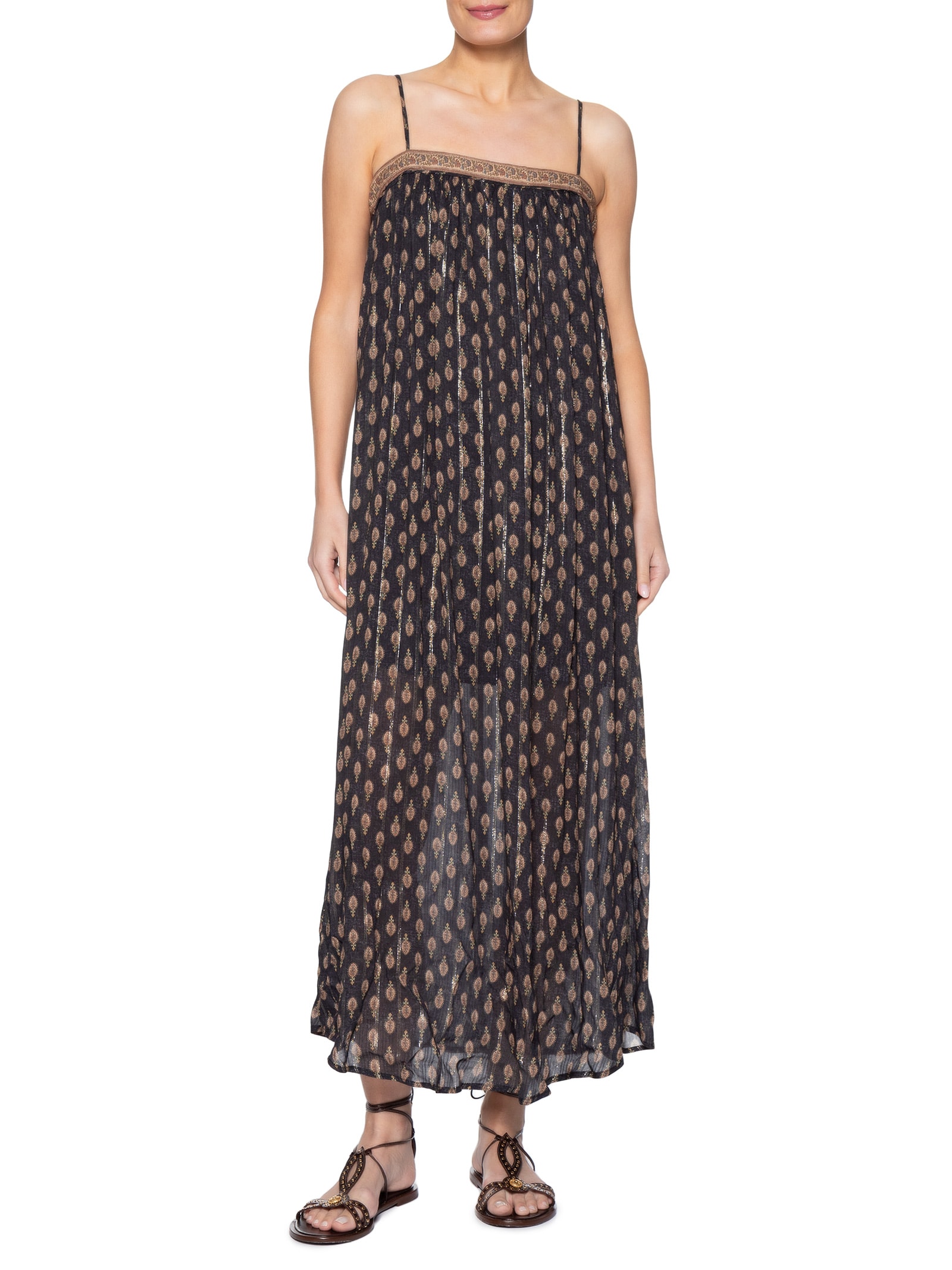 Vestido Longo de Alça Estampa Jasmim Preto Maria Filó