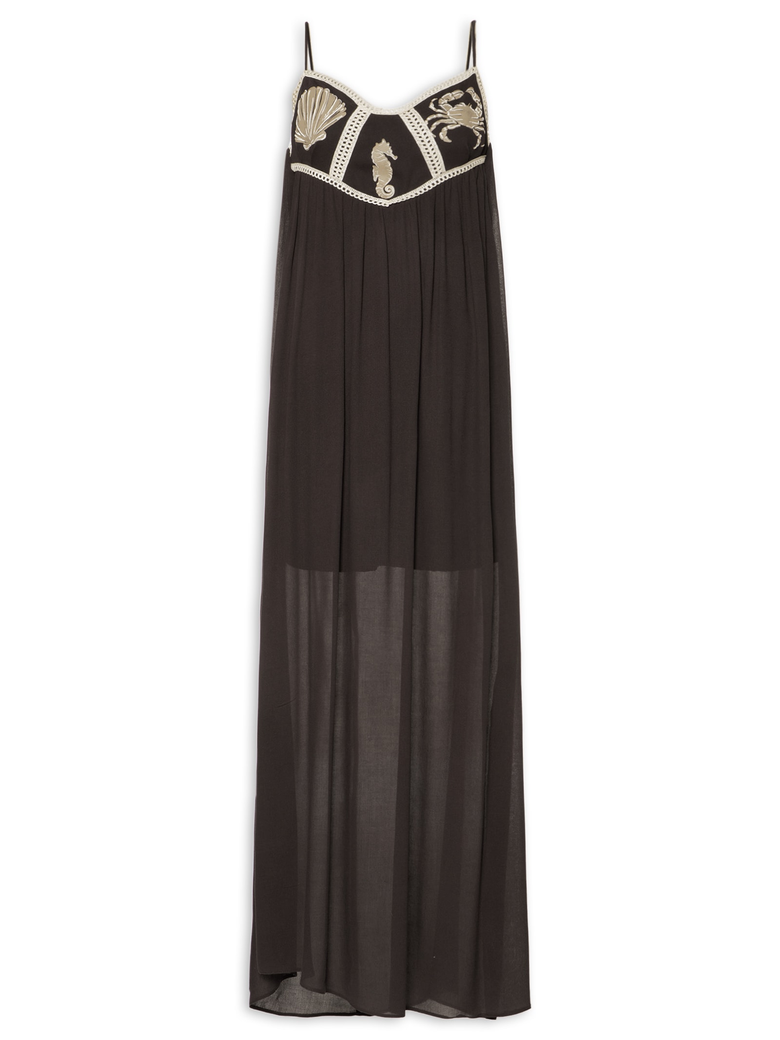Vestido Longo De Crepe Com Bordado Marrom My Favorite