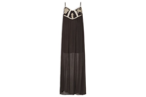 Vestido Longo De Crepe Com Bordado - Marrom