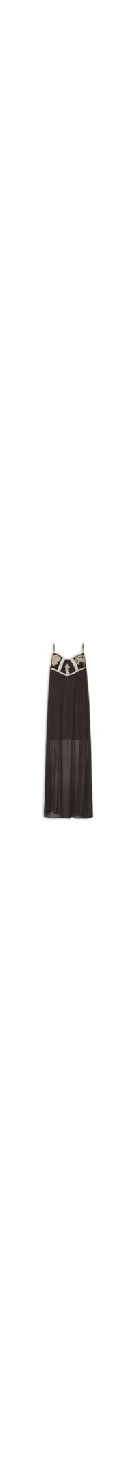Vestido Longo De Crepe Com Bordado - Marrom