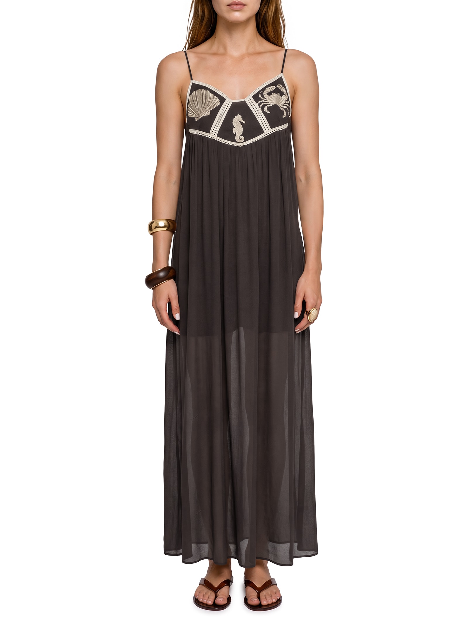 Vestido Longo De Crepe Com Bordado Marrom My Favorite