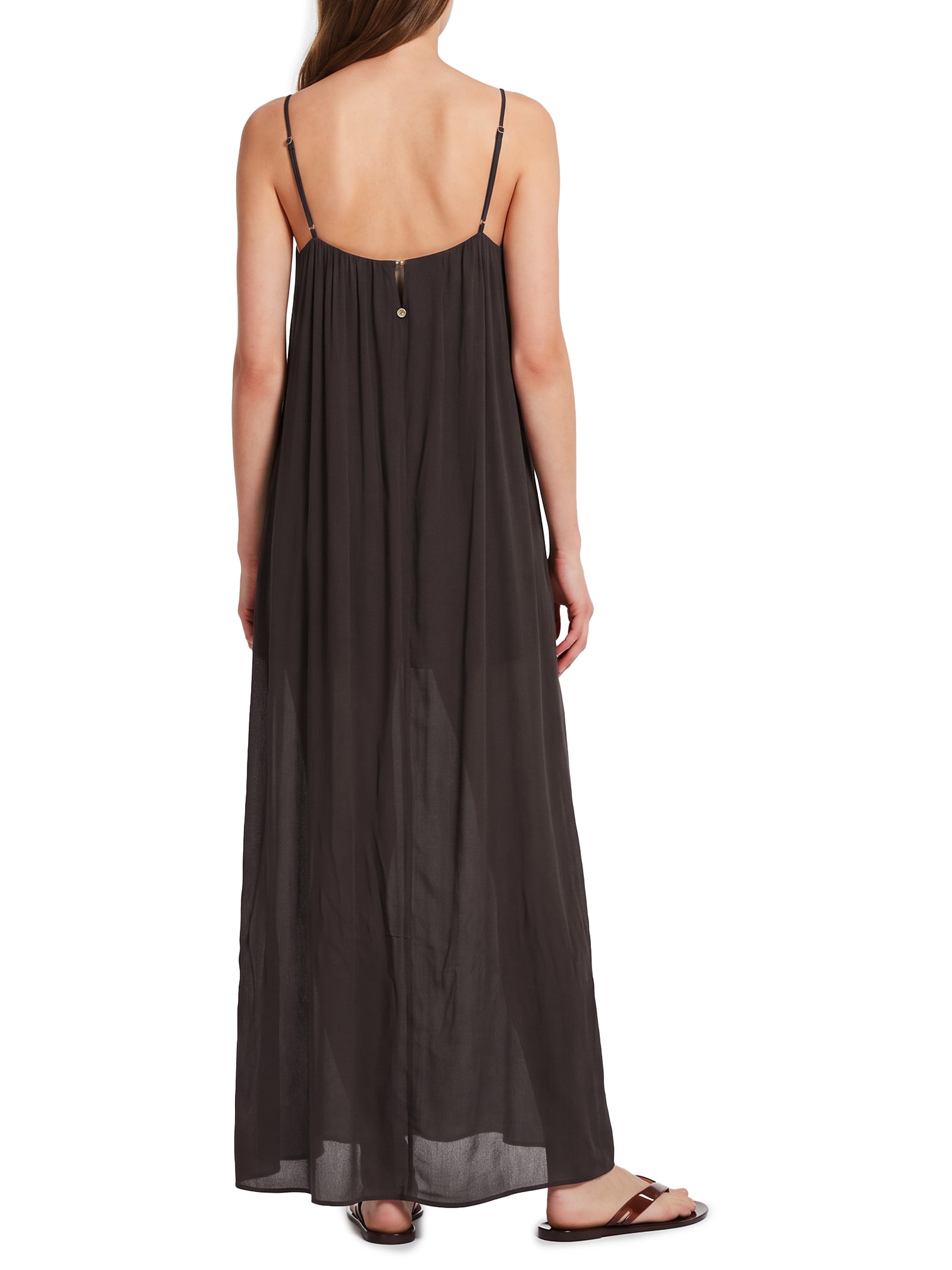 Vestido Longo De Crepe Com Bordado Marrom My Favorite