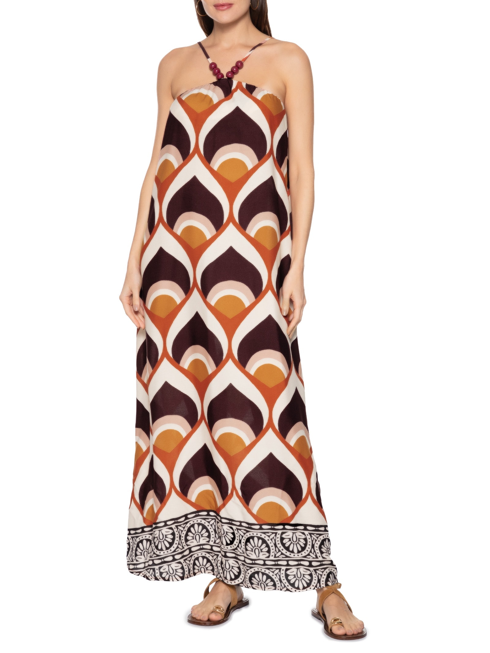 Vestido Longo Decote Acentuado Marrom Cacay