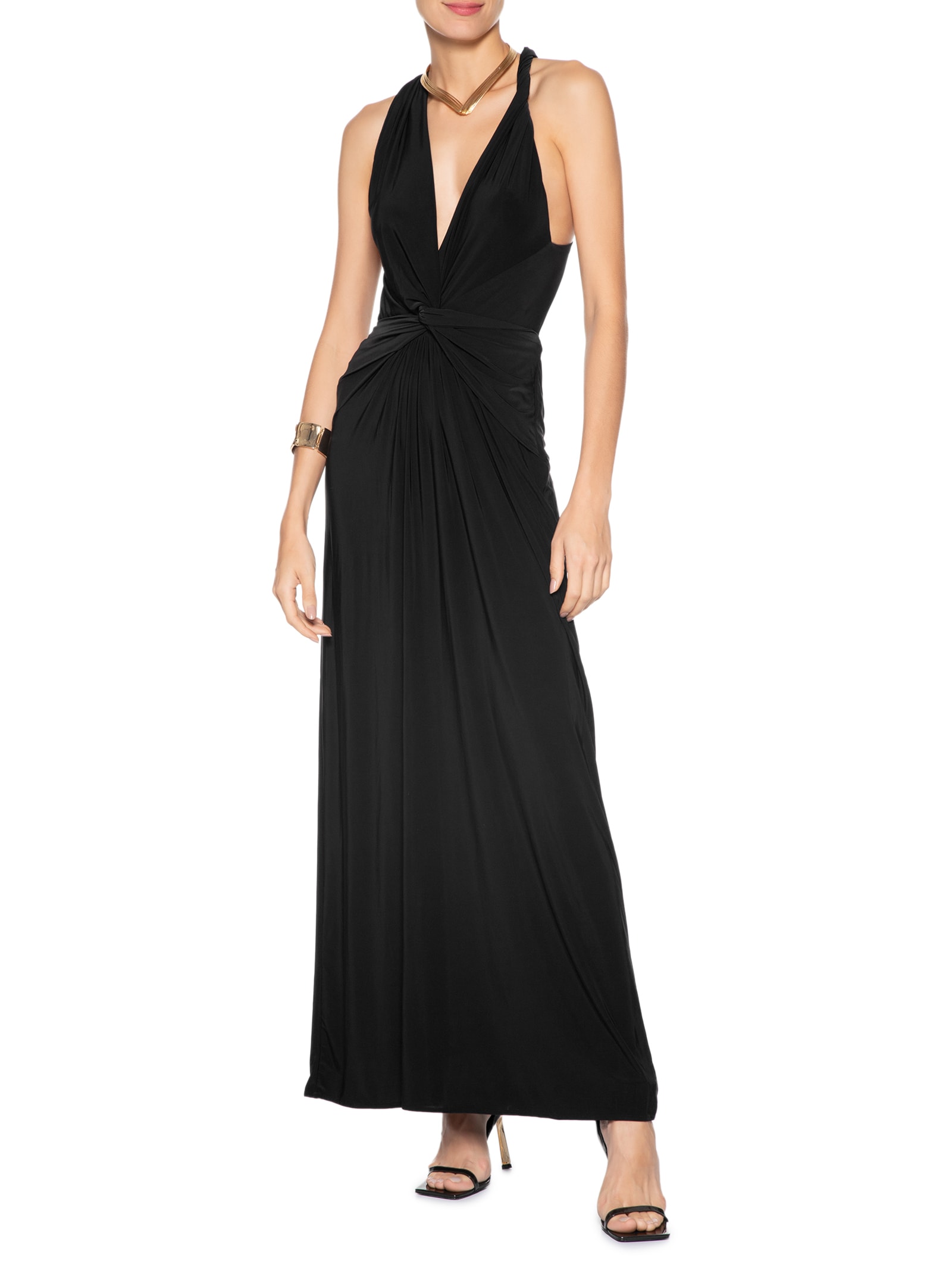 Vestido Longo Decote Costas Franzidos Preto Animale