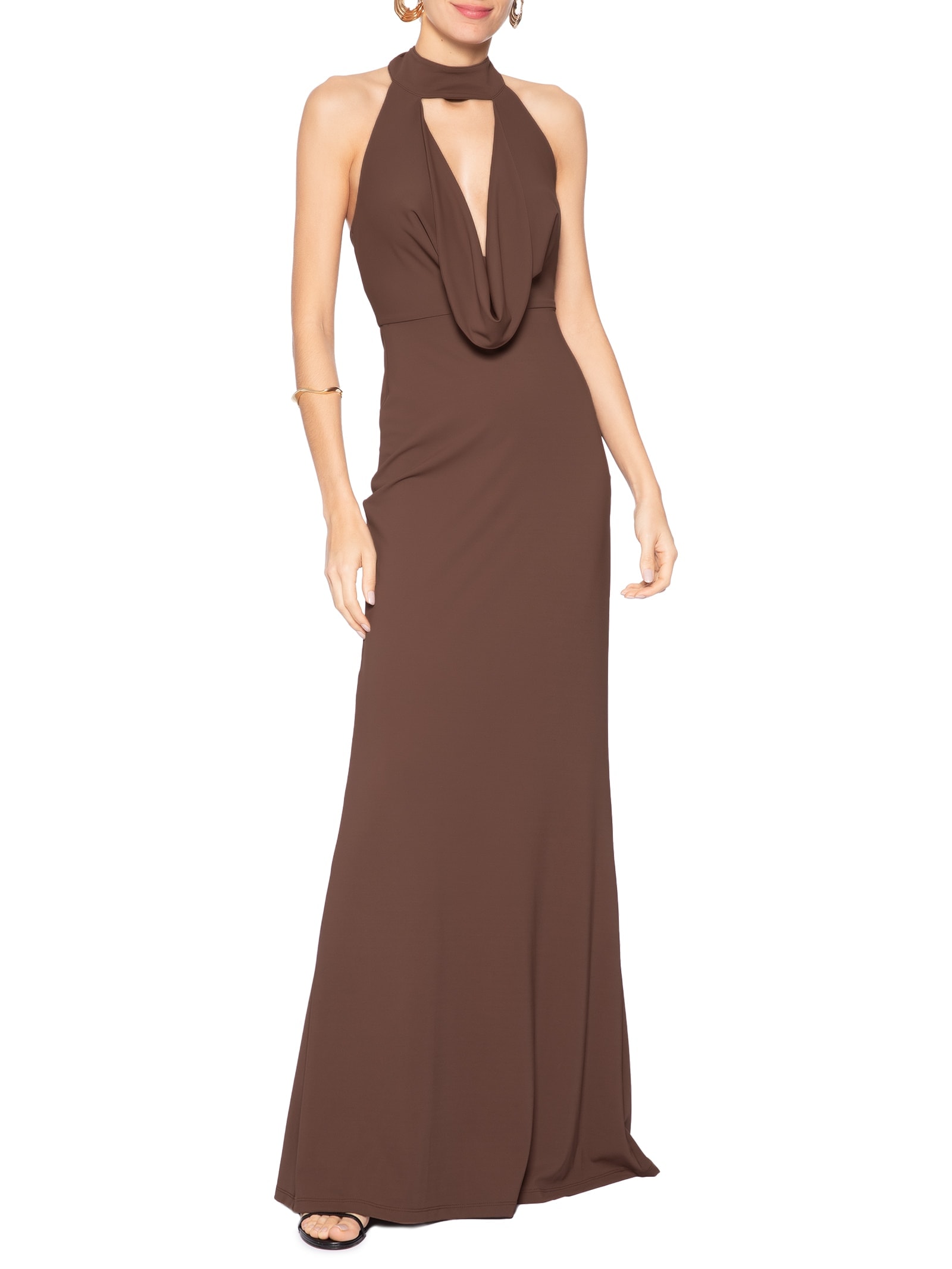 Vestido Longo Decote Degagê Em Malha Marrom '2Essential