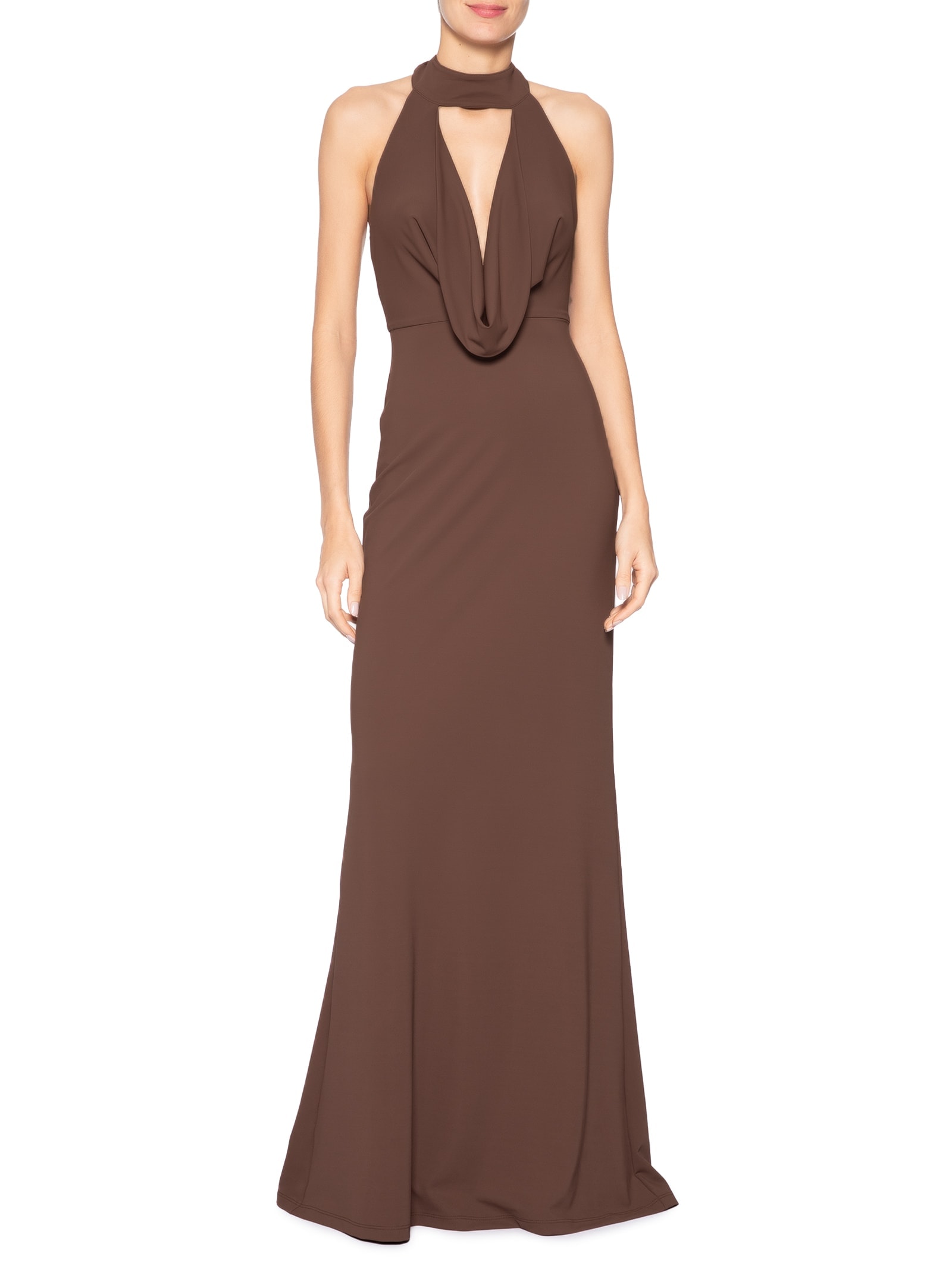 Vestido Longo Decote Degagê Em Malha Marrom '2Essential