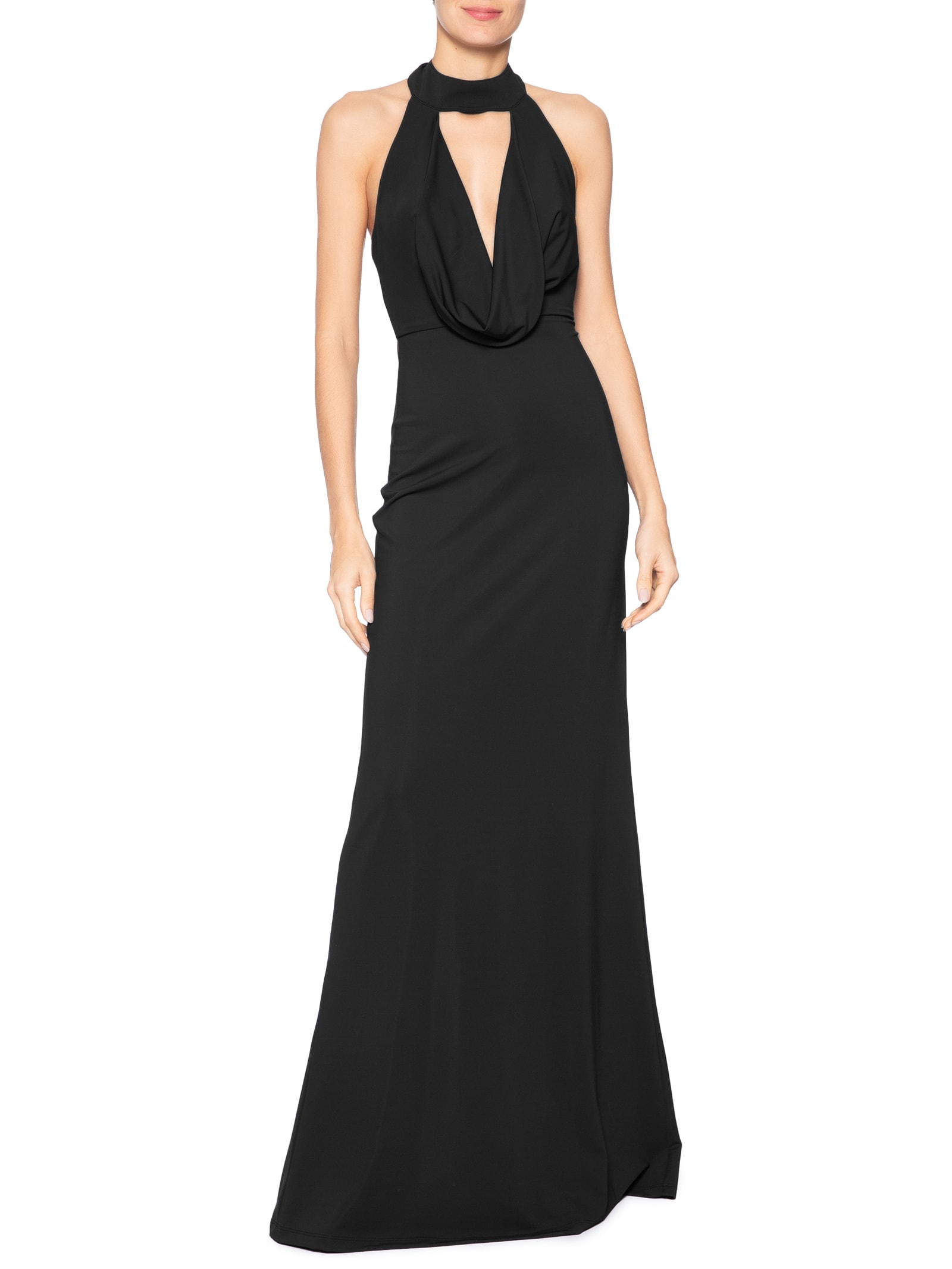 Vestido Longo Decote Degagê Em Malha Preto '2Essential